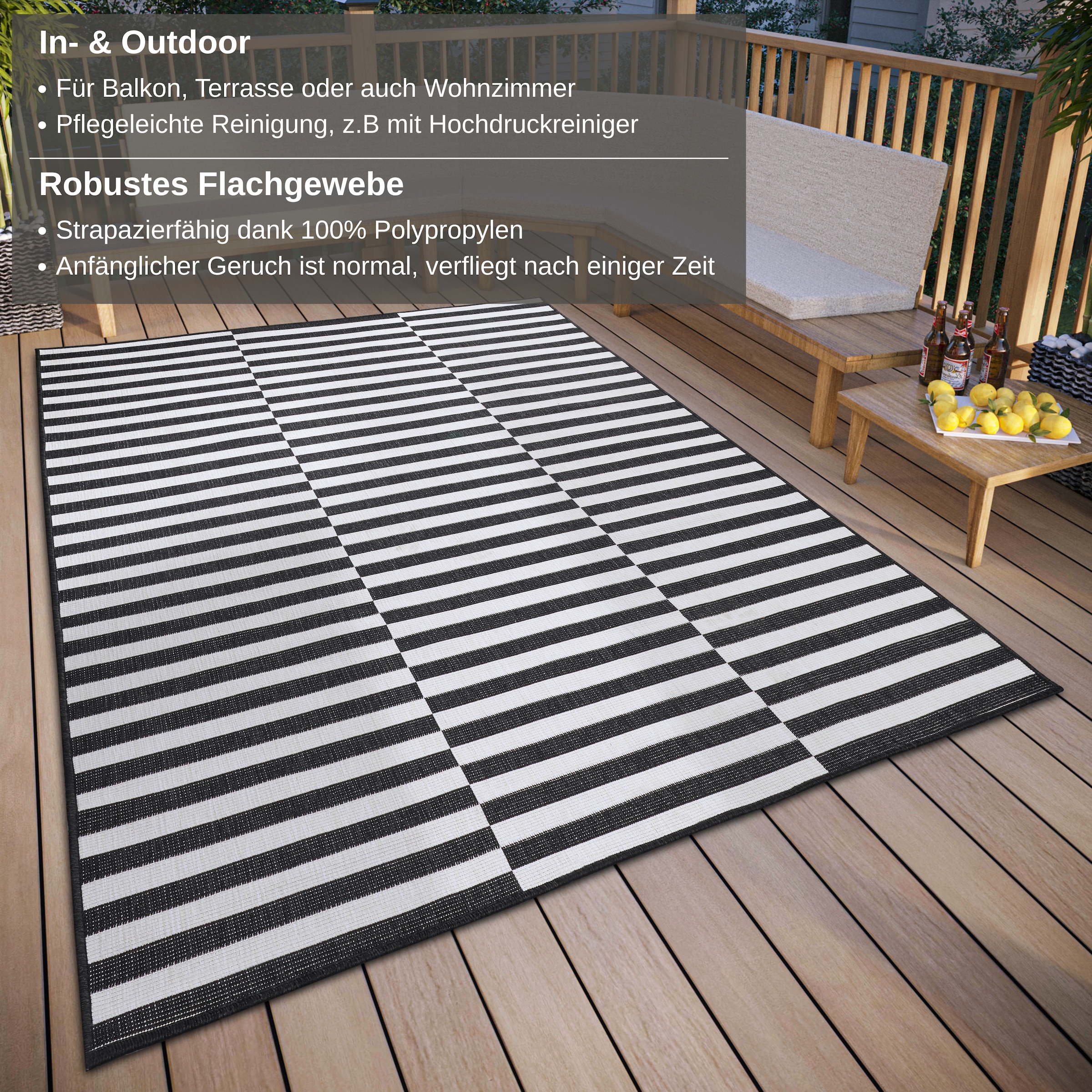 my home Teppich »Viela  Outdoor Wendeteppich, auch als Läufer erhältlich«, rechteckig, 5 mm Höhe, schwarz weiß, Flachgewebe, Balkon, Wohnzimmer, In-Outdoor, wasserfest