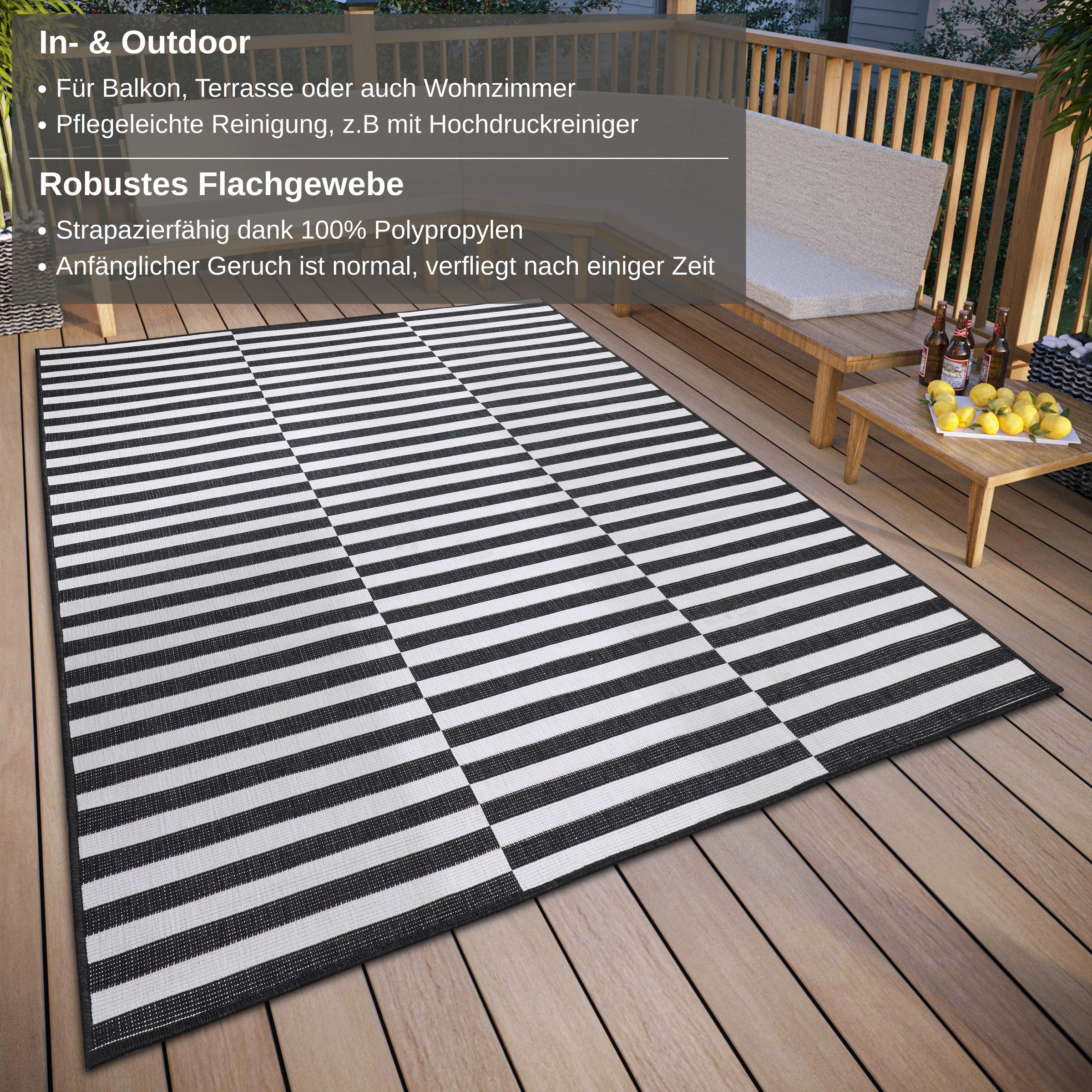 Thumbnail - my home Teppich "Viela Outdoor Wendeteppich, auch als Läufer erhältlich", rechteckig, 5 mm Höhe, schwarz weiß, Flachgewe...