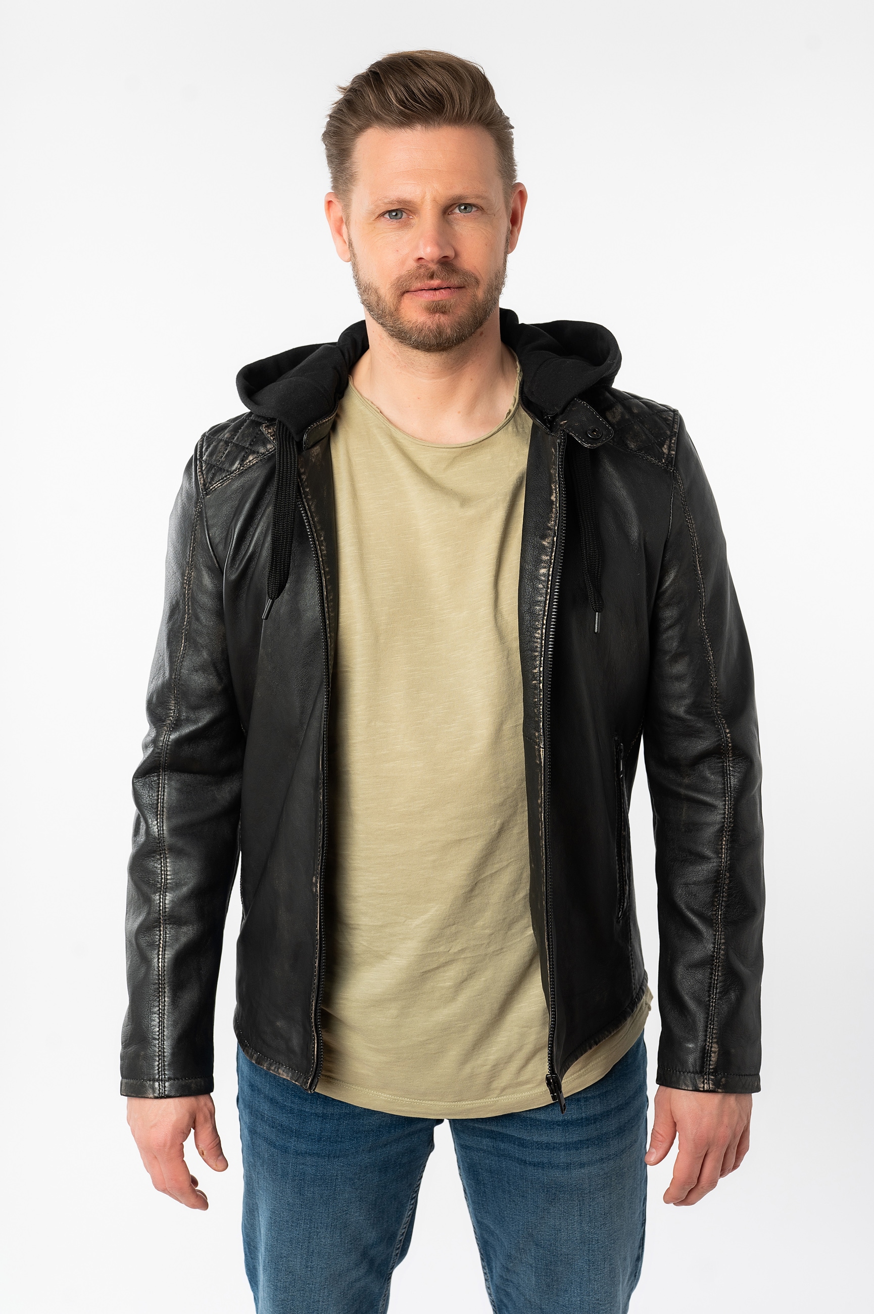 Mauritius Lederjacke "MMHayato 2 SF", mit Kapuze, mit Ziersteppung, abnehmb günstig online kaufen