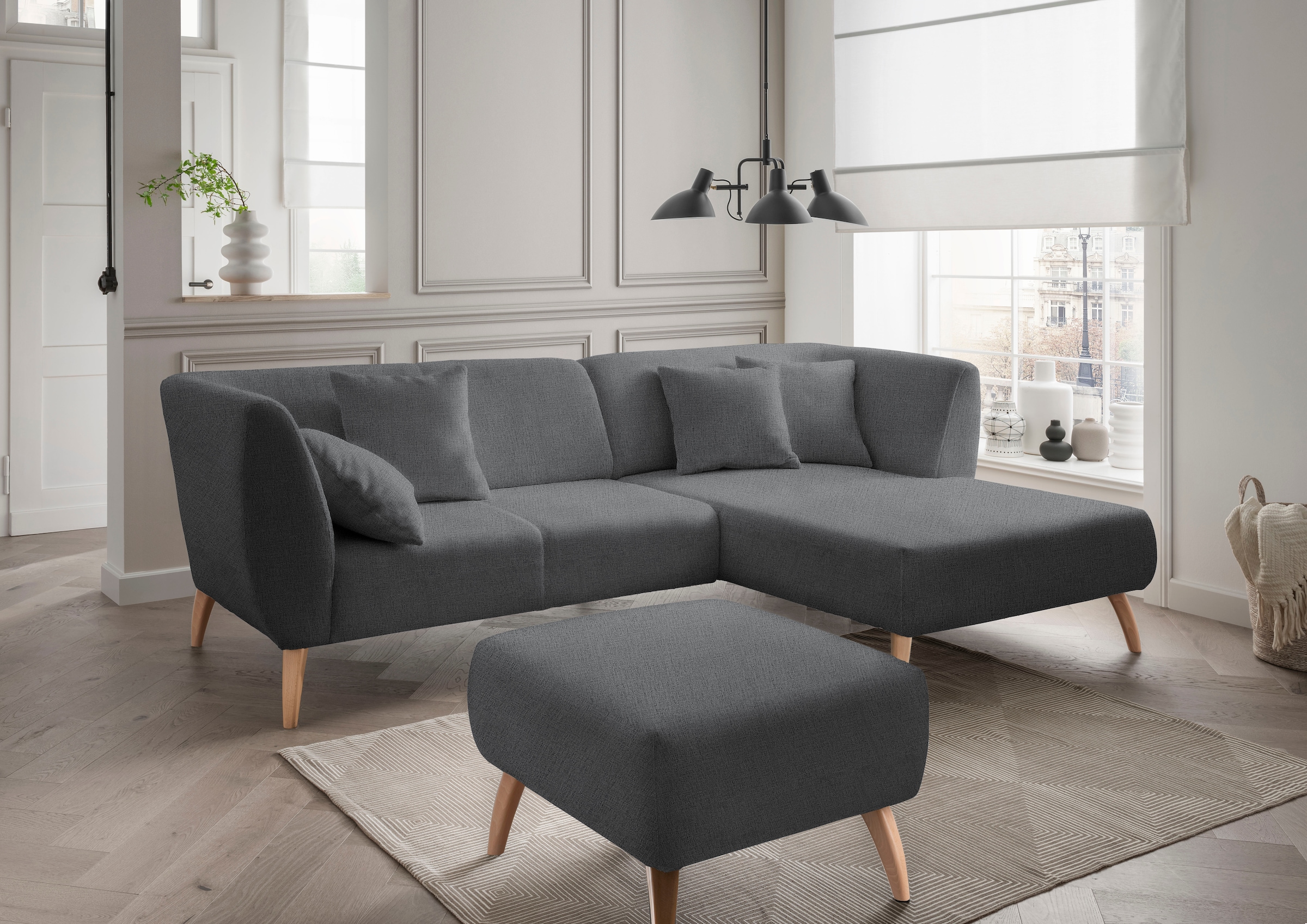 Ecksofa »Colori L-Form«, Holzfußfarbe wählbar, inkl. 4x Zierkissen, verschiedene Stoffe