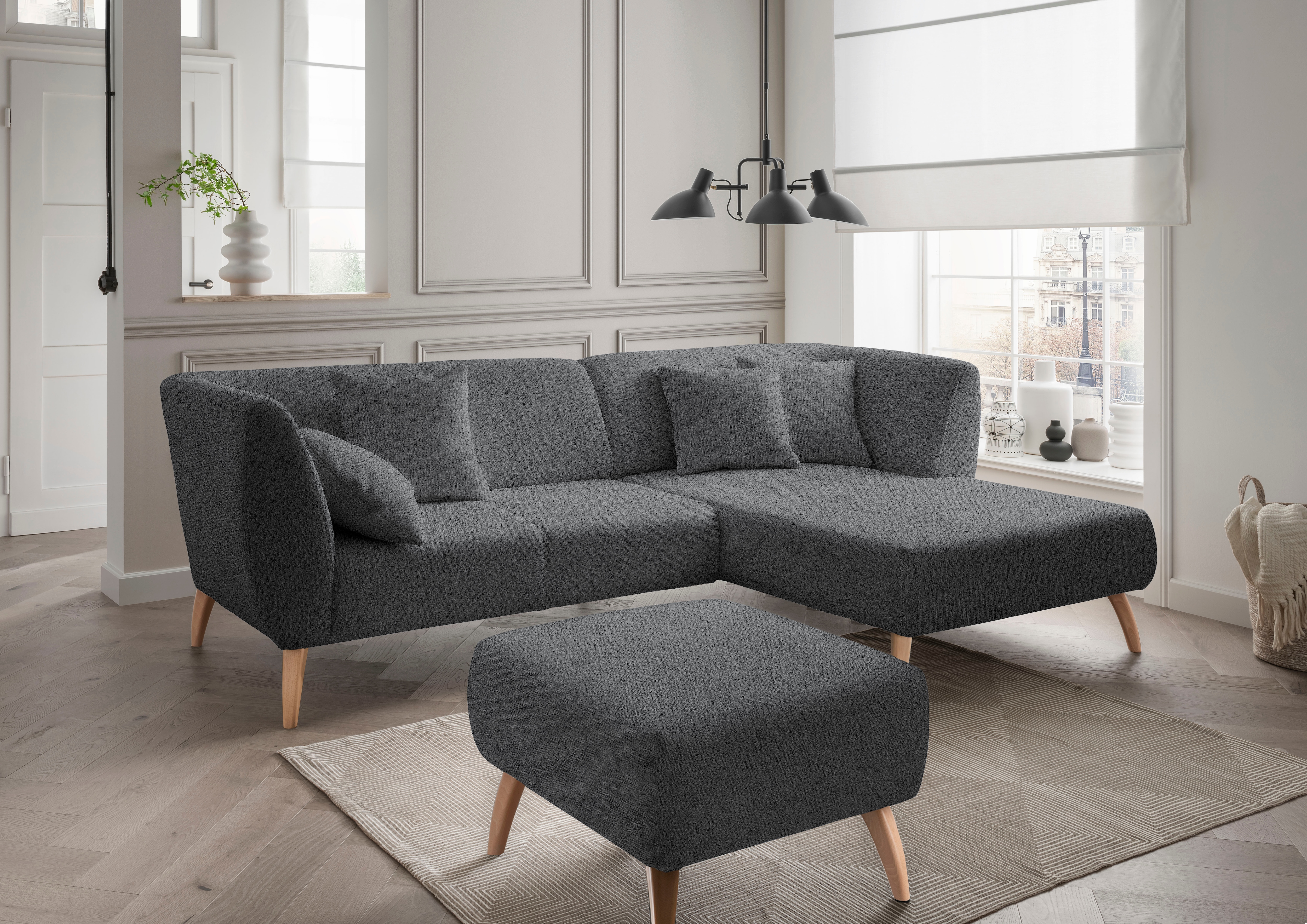 Home affaire Ecksofa "Lazio modern und bequem, schmale Armlehnen, tolle Detailverarbeitung" Holzfußfarbe wählbar, inkl. 4x Zierkissen