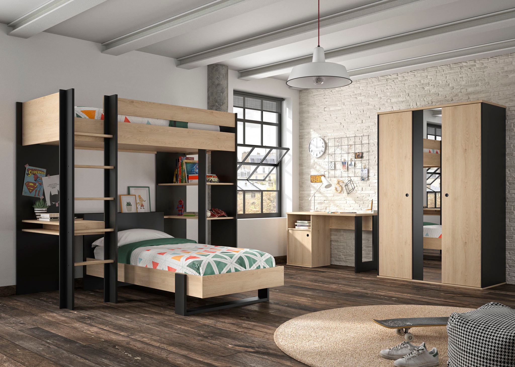 Gami Jugendzimmer-Set "Duplex" Bett, Kleiderschrank, Schreibtisch, Hochbett günstig online kaufen