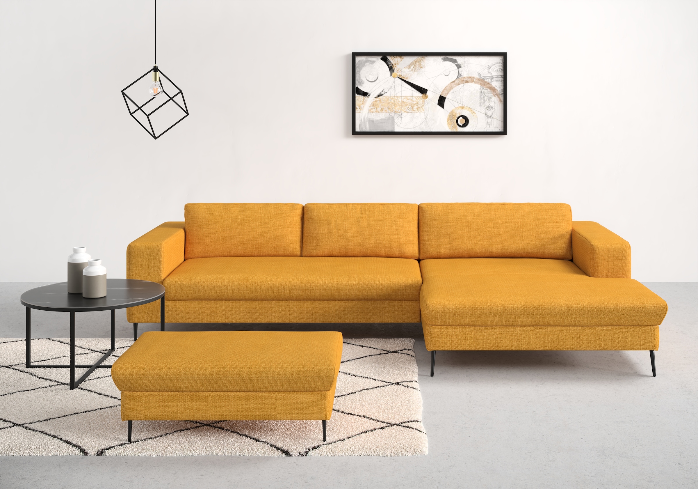 DOMO collection Ecksofa "Modica, zeitlos & elegant, Breite 329cm, hoher Fuß, bequem, L-Form" Auch in Cord, Fußhöhe passend für gängige Saugroboter