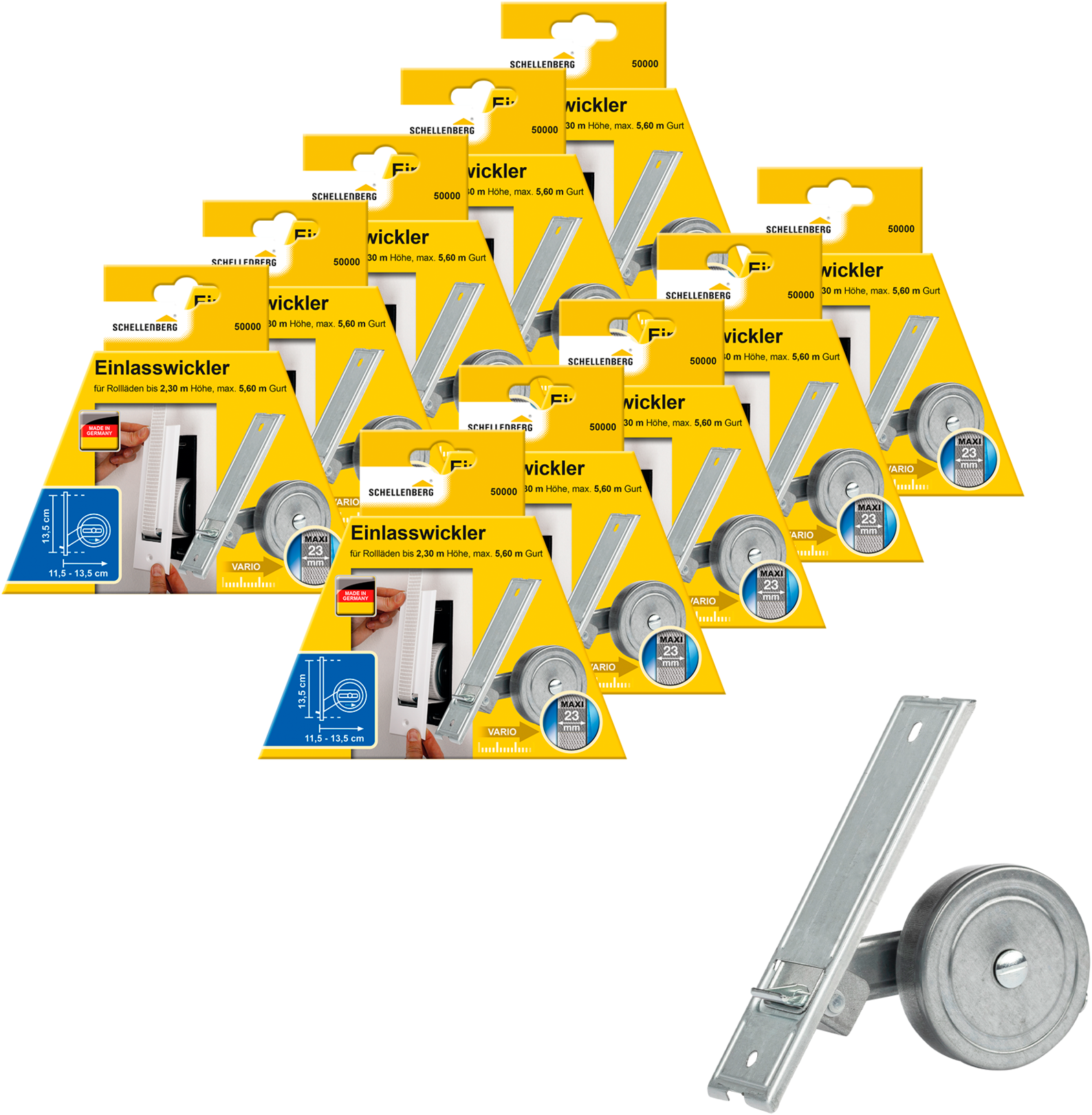 SCHELLENBERG Einlass-Gurtwickler "für das Rollladensystem Maxi, Lochabstand 13,5 cm, Unterputz-Montage", 10 Stk., silber, Gurtwickler, für