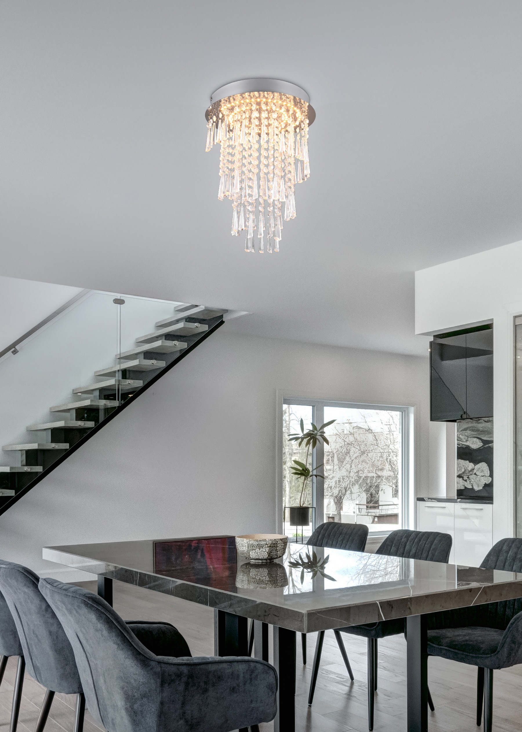 REALITY Leuchten LED Deckenleuchte »POMP, LED Deckenlampe 18W 2400 Lumen CCT 2700-6500K Ø 30cm H.40cm« LED-Board 1 Stk. Farbwechsler | warmweiß - kaltweiß chromfarbige Deckenleuchte mit glitzerndem Acryl Behang, Fernbedienung