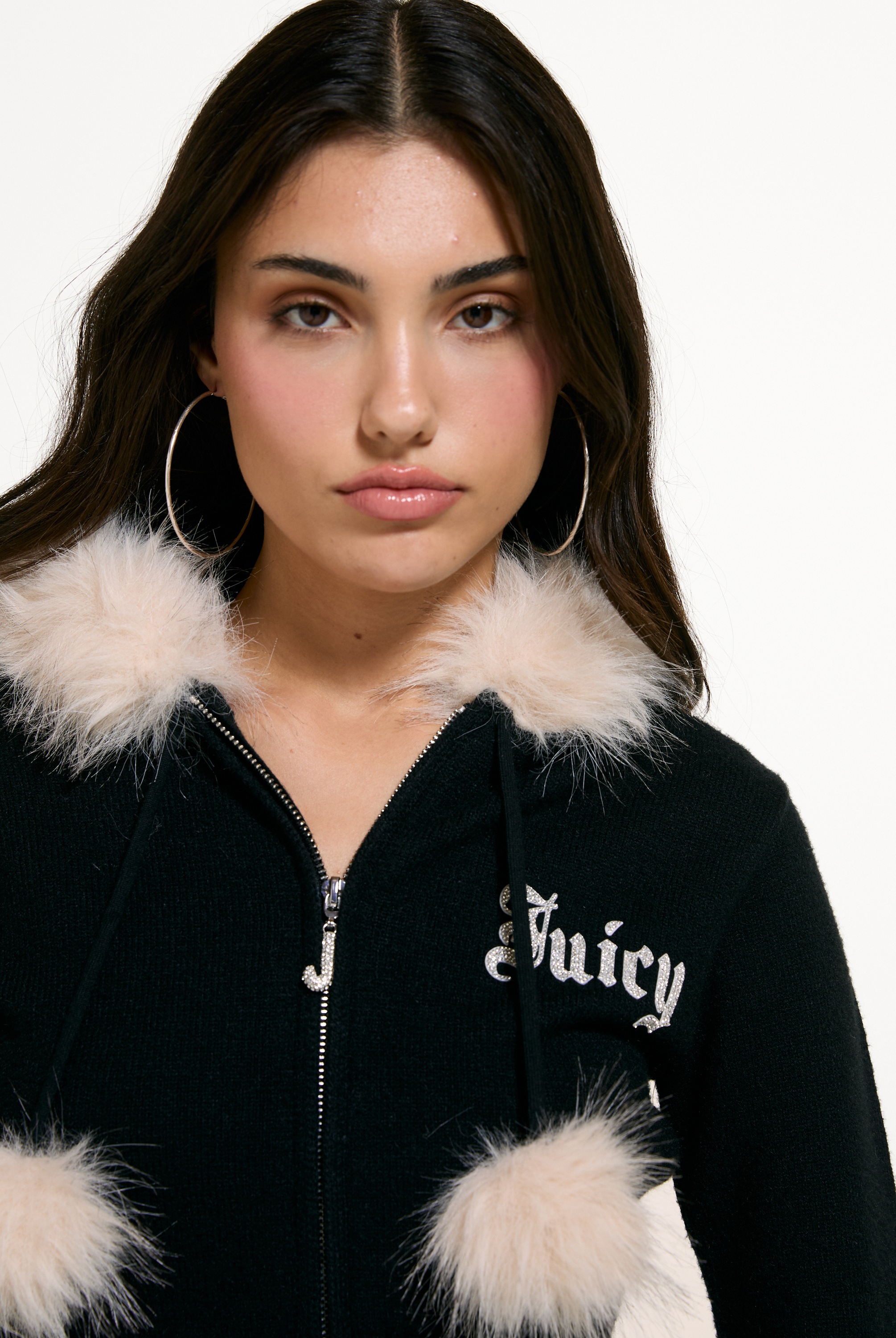 Juicy Couture Kapuzennickijacke »KNIT HOODIE WITH REMOVABLE FUR Damen« mit Kapuze Trainingsjacke Damen, Sweatjacke mit Kapuze, Strick, Kunstpelz, Sale