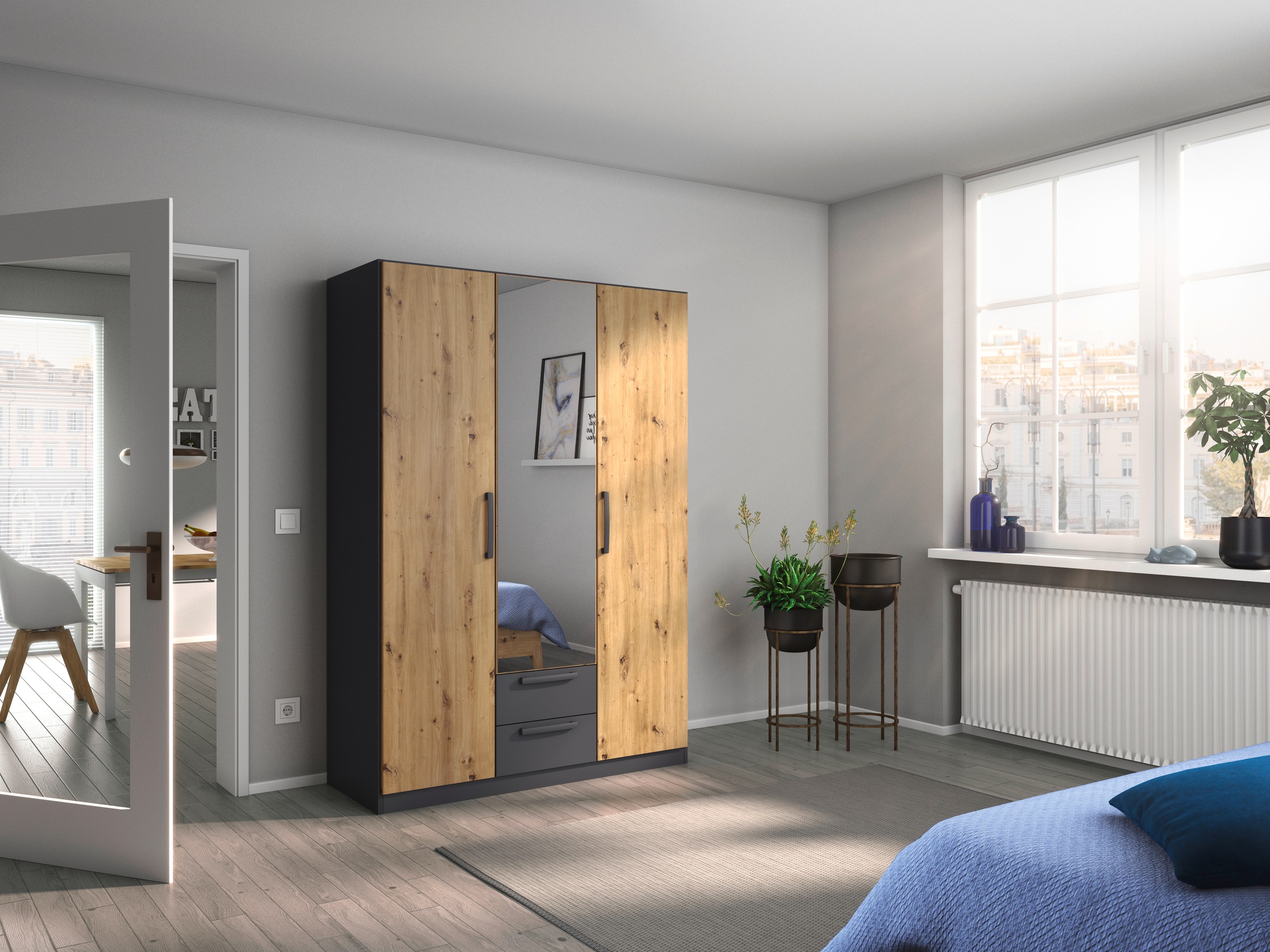 rauch Drehtürenschrank »StyleUp«, Typ Dark & Wood mit trendigen farblich abgesetzten Griffen