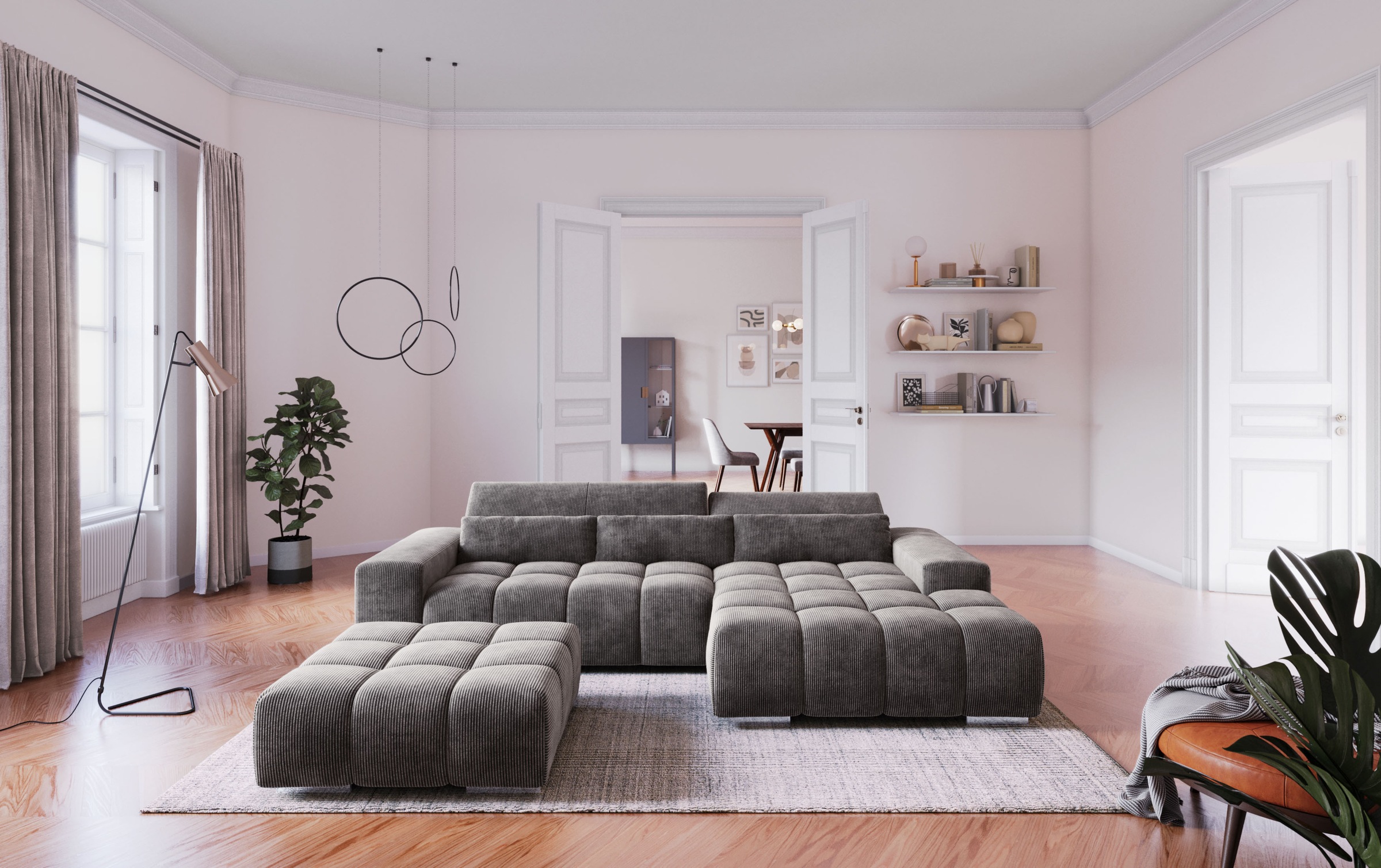 COTTA Ecksofa "Orion L-Form, B: 307 cm, moderne Steppung, bequeme Wellenunterfederung" 2x Kopfteilverstellung & 3 Nierenkissen