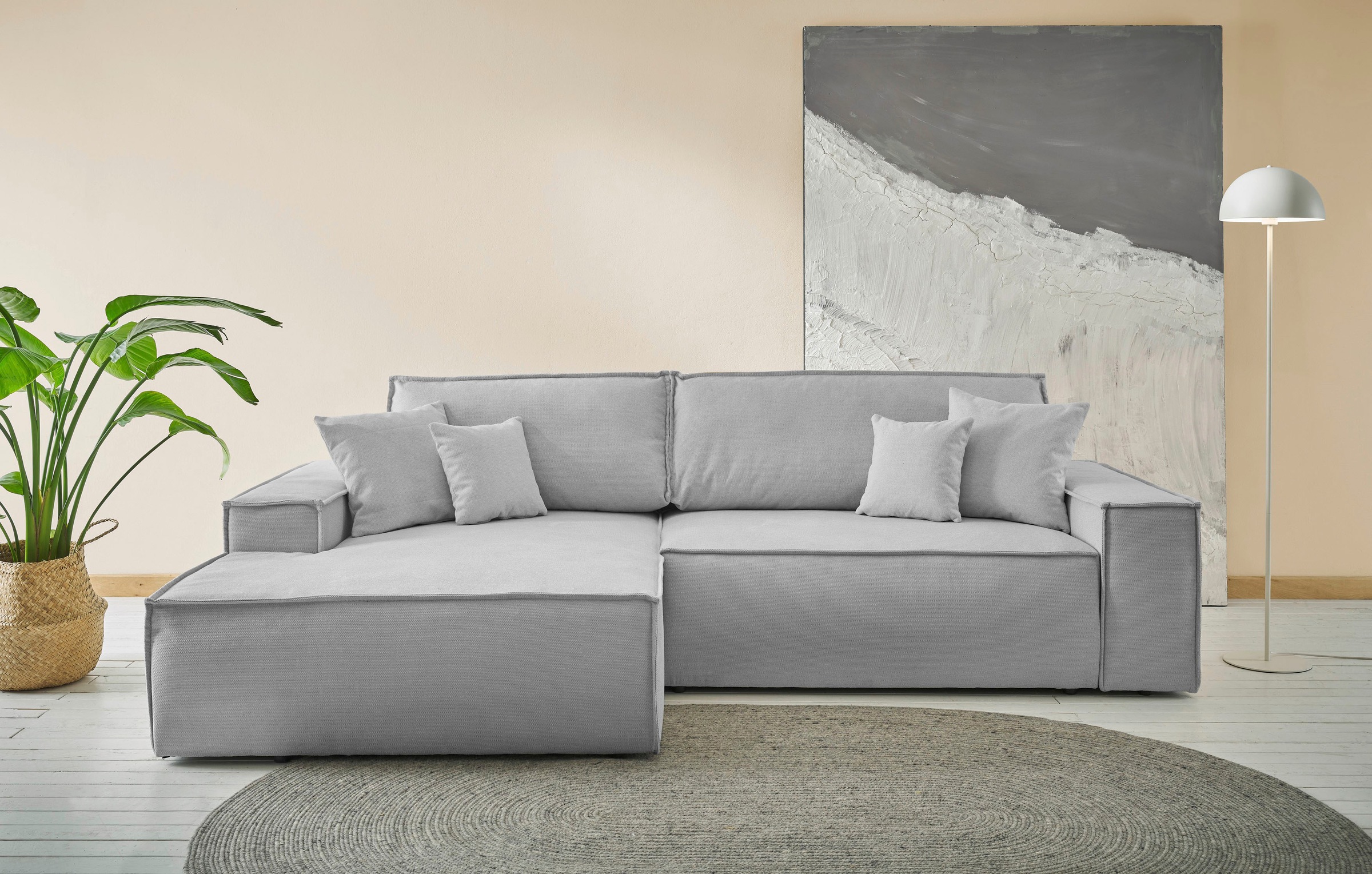OTTO home Ecksofa "FINNLEY Struktur fein, L-Form 257 cm, Schlafsofa" mit Bettkasten, in Bouclé, Struktur fein und Mega Cord