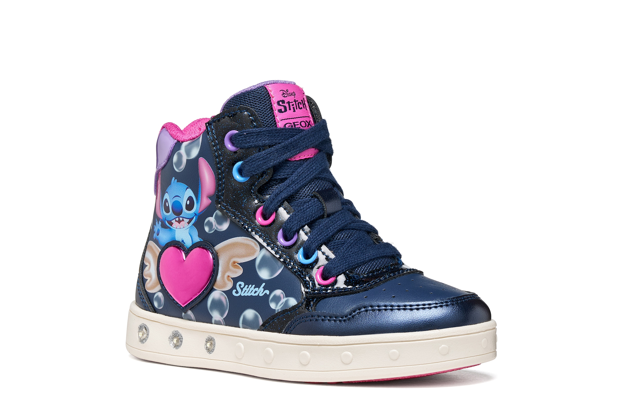 Geox Sneaker "J SKYLIN GIRL - Blinkschuh" Schnürboots mit Stitch-Motiv, Größenschablone zum Download