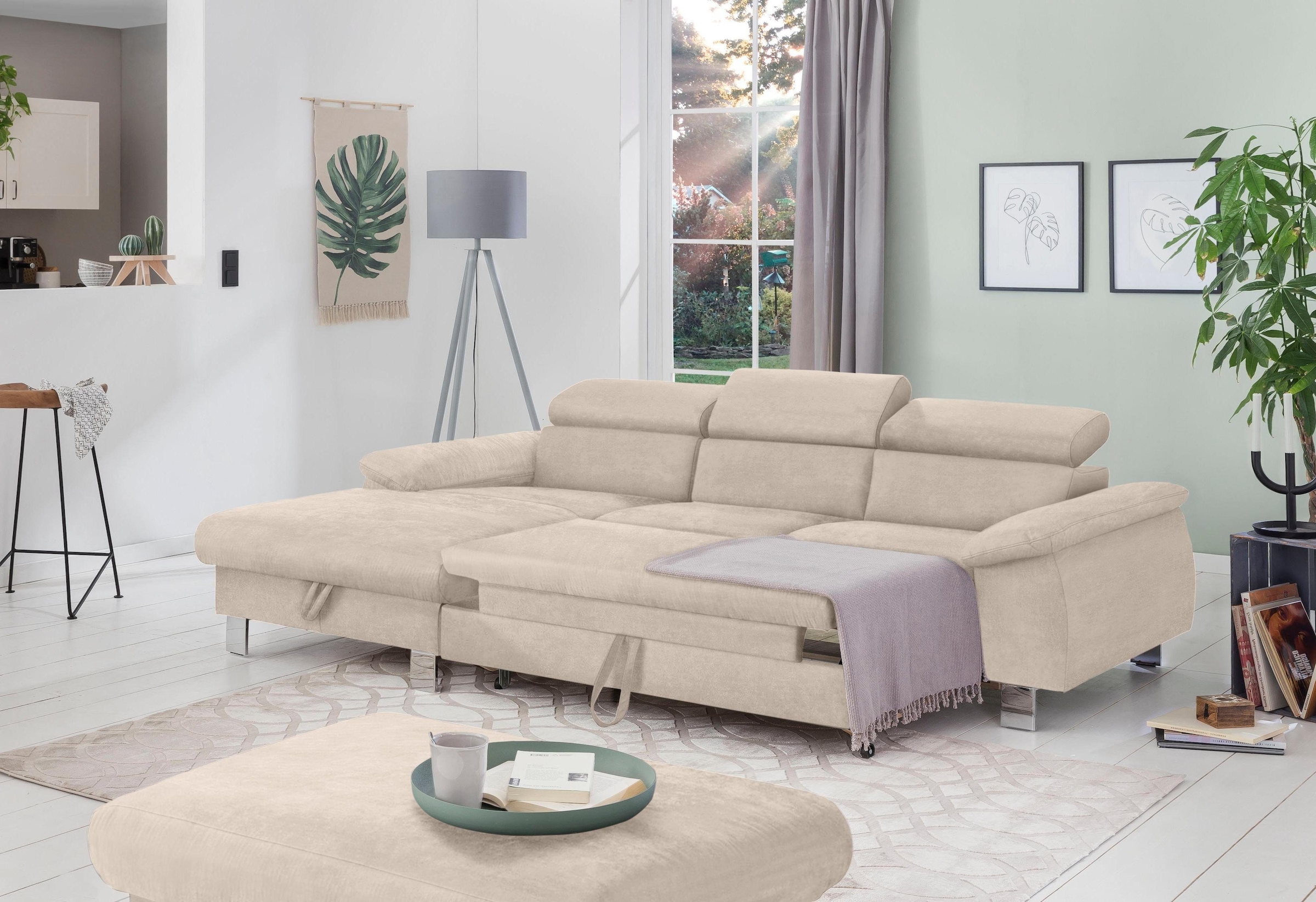 COTTA Polstergarnitur »Komaris L-Form, B: 242 bzw. 100 cm (Set: Ecksofa & Hocker)«, (Set), mit Kopfteilverstellung, optional Bettfunktion, Bettkasten & Licht