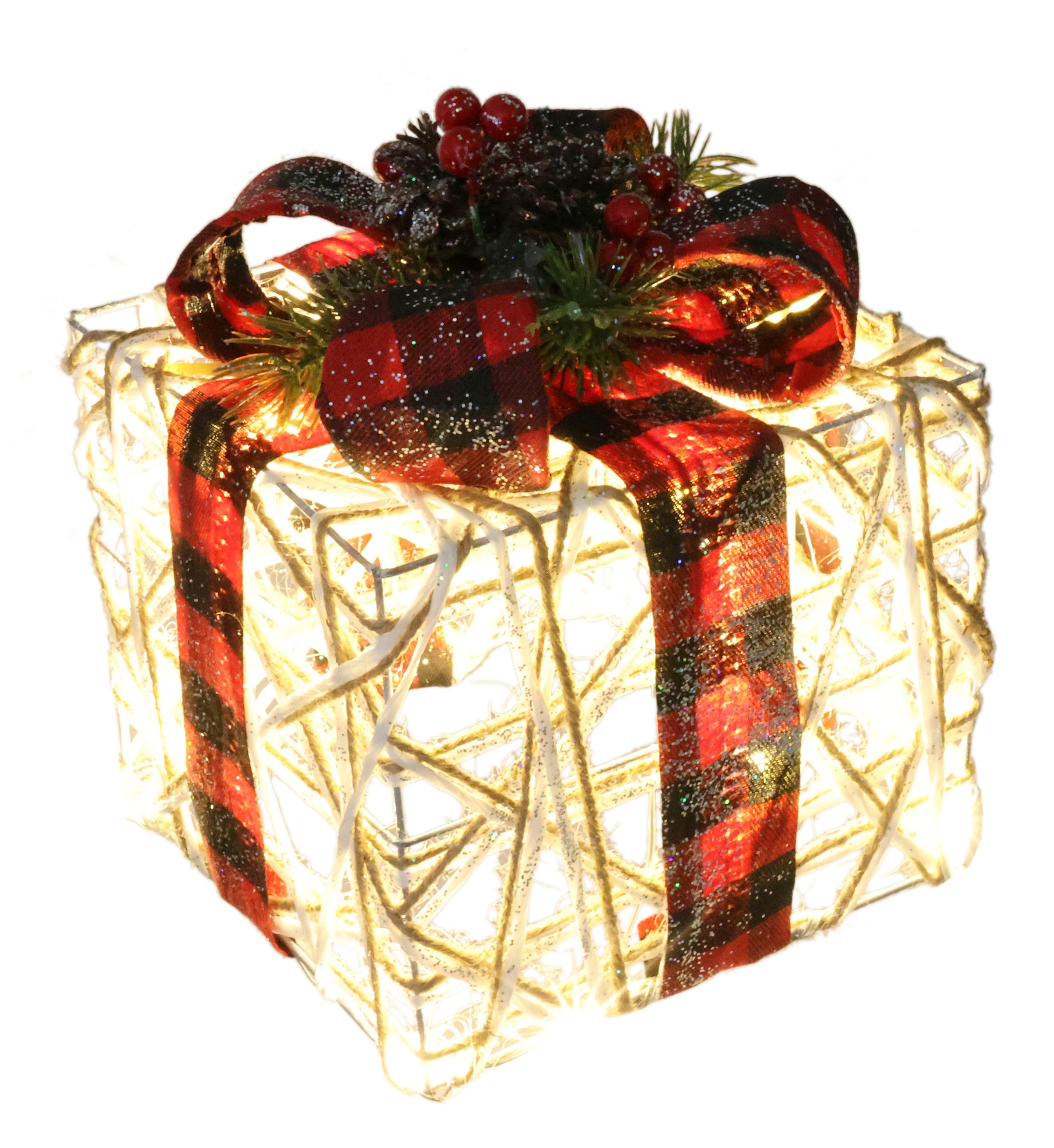 I.GE.A. Dekofigur »Weihnachtsfigur Leuchtfigur LED-Geschenk mit Schleife«, Geschenkpaket Schleife Tanne Beeren Zapfen Weihnachtsdeko beleuchtet
