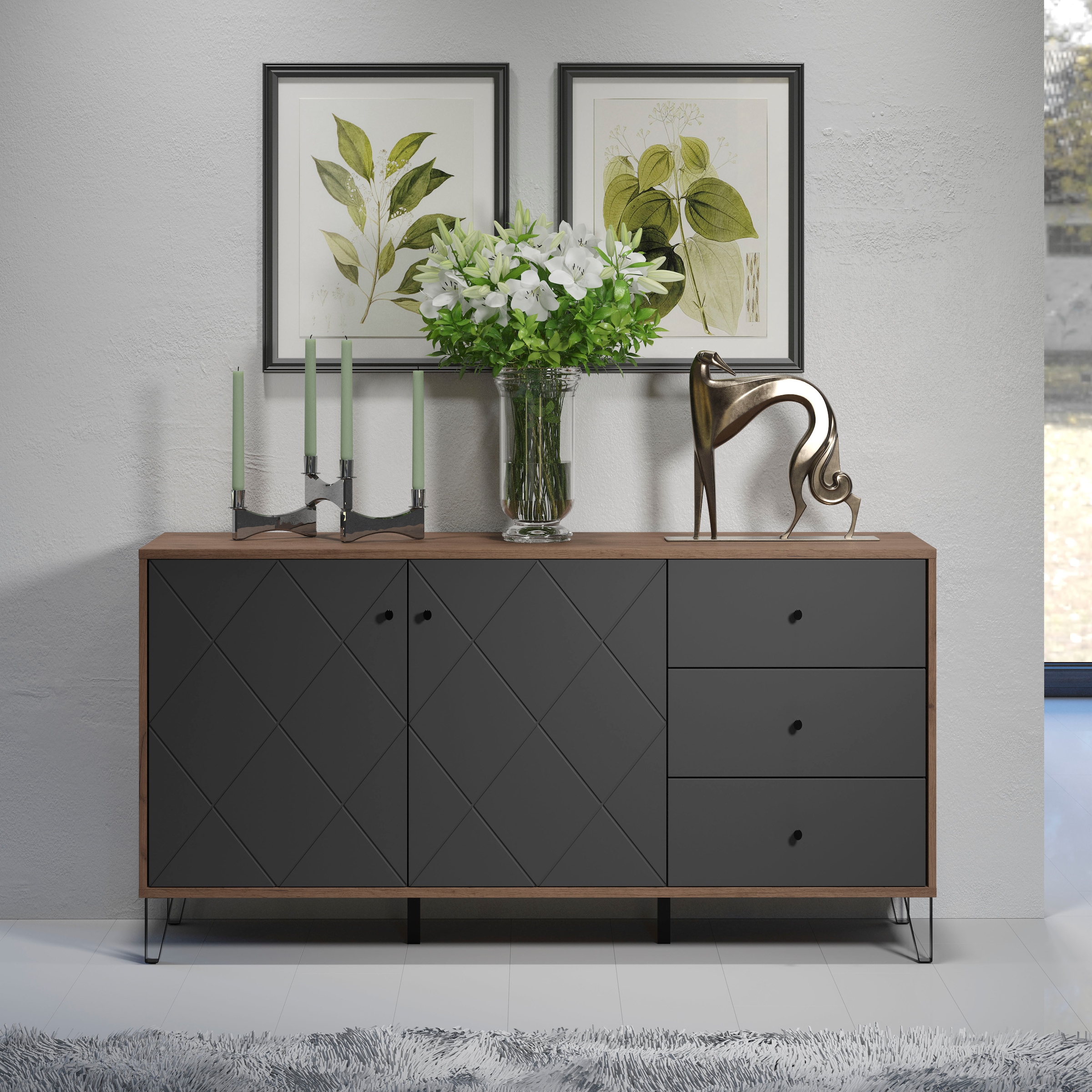 Home affaire Sideboard »Molveno« 1 Stk. tlg. Sideboard, 2 Türen, 3 Schubkasten & Soft-Close - (B/T/H) 183/40/76 cm
