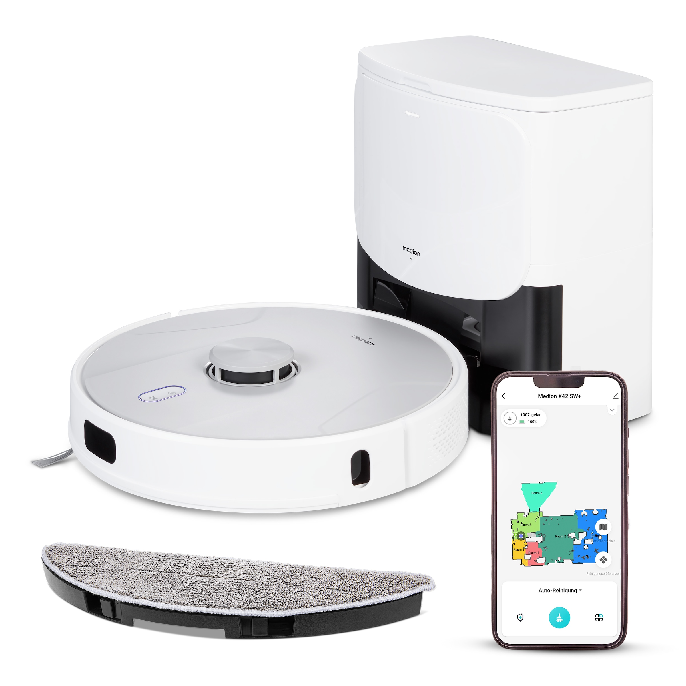 Medion Saugroboter "mit Wischfunktion und Absaugsatation X42 SW+, 240min La günstig online kaufen