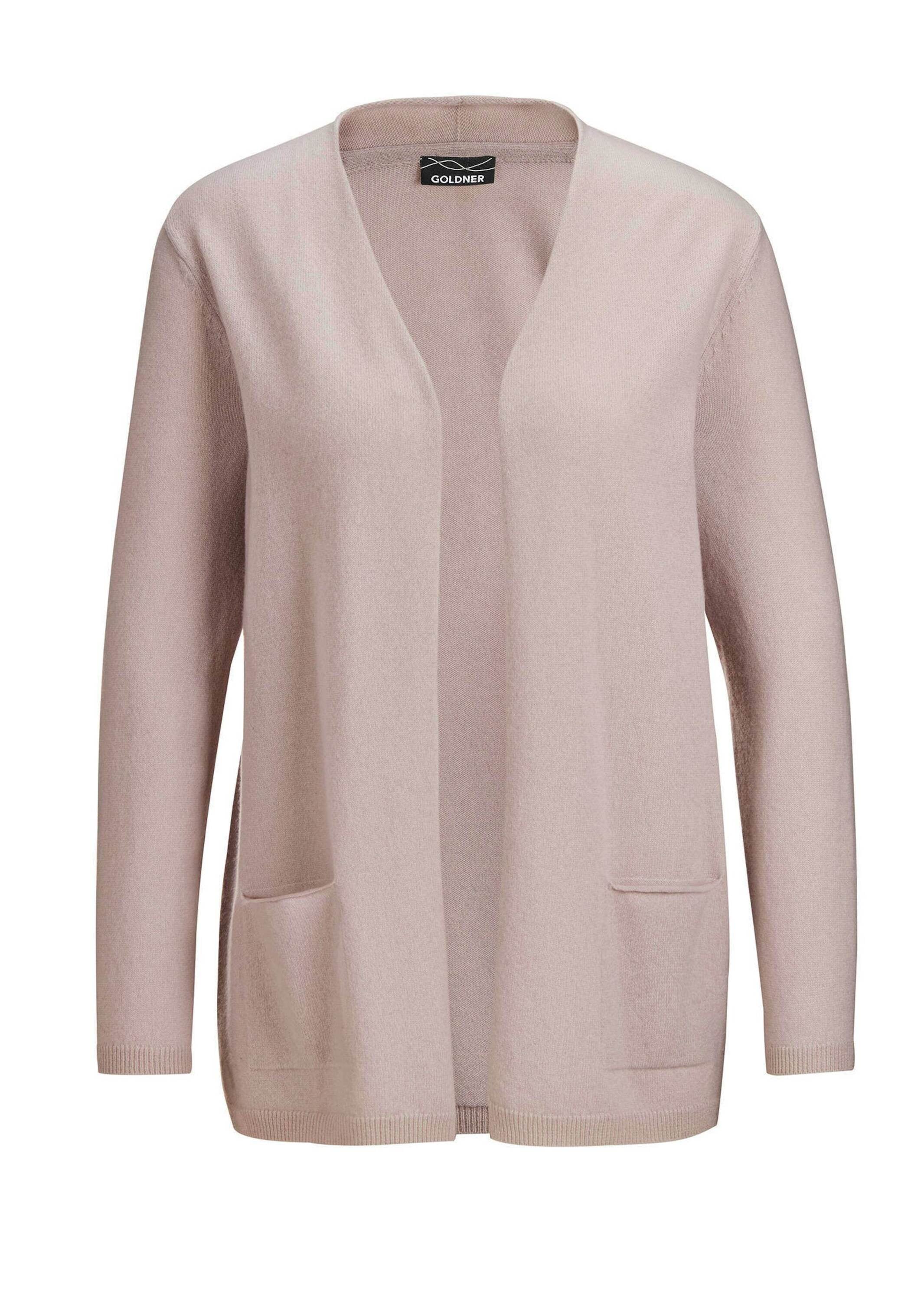 Strickjacke GOLDNER "Kurzgröße Cardigan in langer offener Form", Damen, Gr. 23, beige (sand), Obermaterial: 100% Kaschmir WS., figurumspielend, Rippe, Pullover Strickjacke, Aufwendig in Form gestrickt