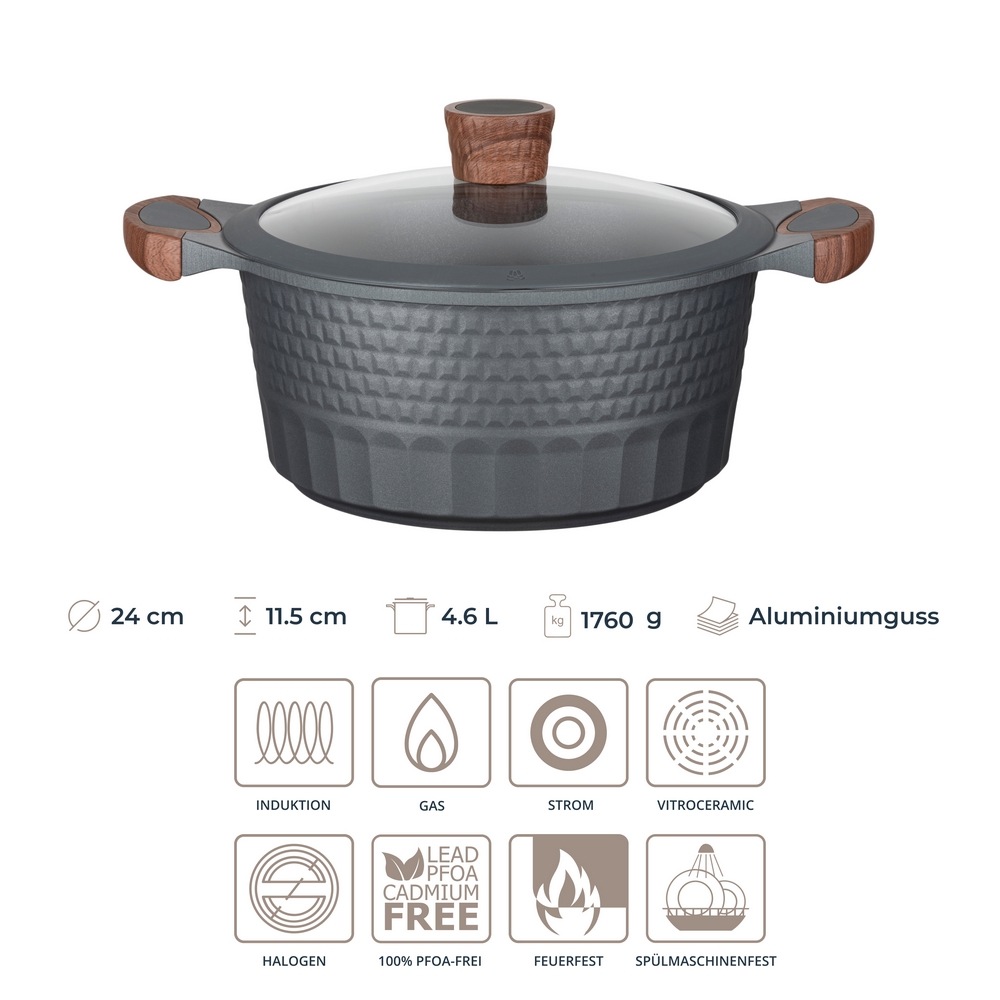 RESTO Kitchenware Kochtopf »Capella, Schmortopf antihaftbeschichtet und spülmaschinenfest«, Aluminiumguss, (2 tlg.), mit Glasdeckel und stoßdämpfendem Silikonrand, im Geschenkkarton