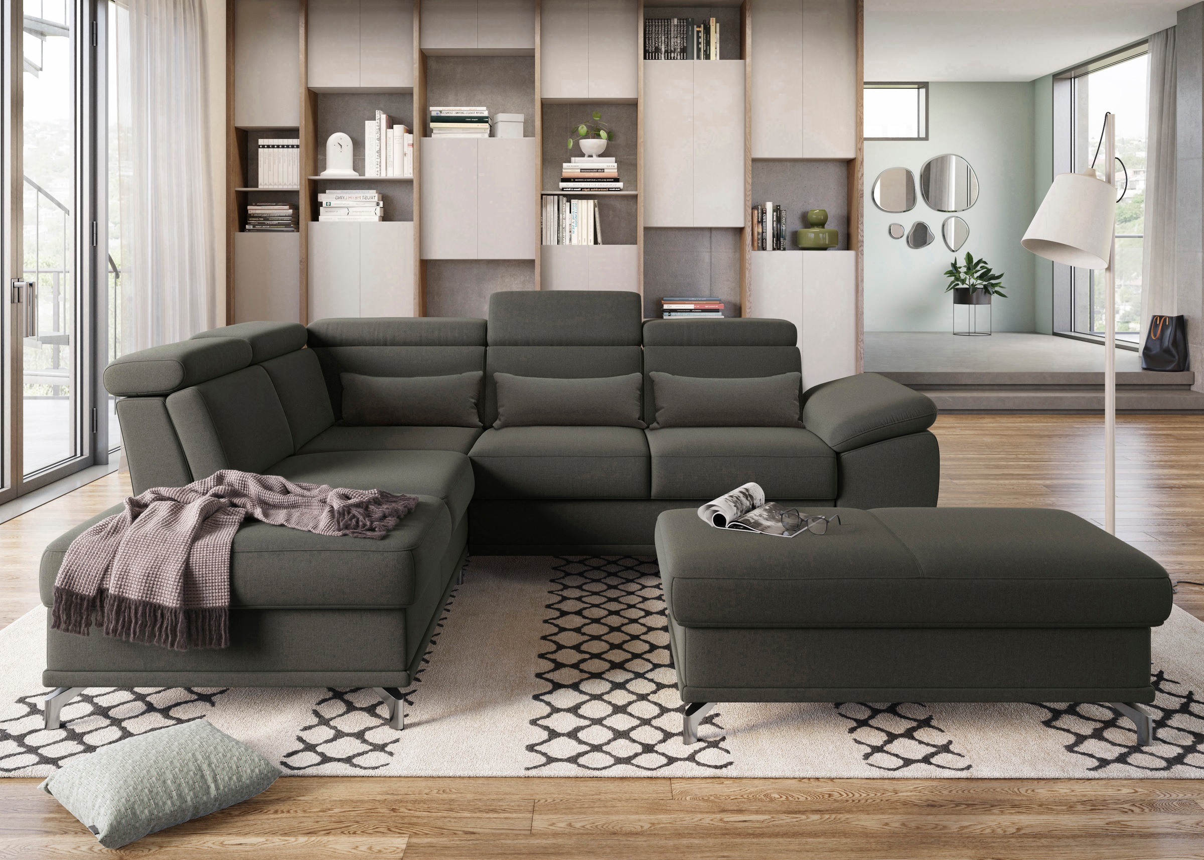 sit&more Ecksofa »Cabrio L-Form, B: 274 cm, mit Sitztiefen-, Arm- & Kopfteilverstellung« 3 Nierenkissen, Federkern, optional Bettfunktion und Stauraum