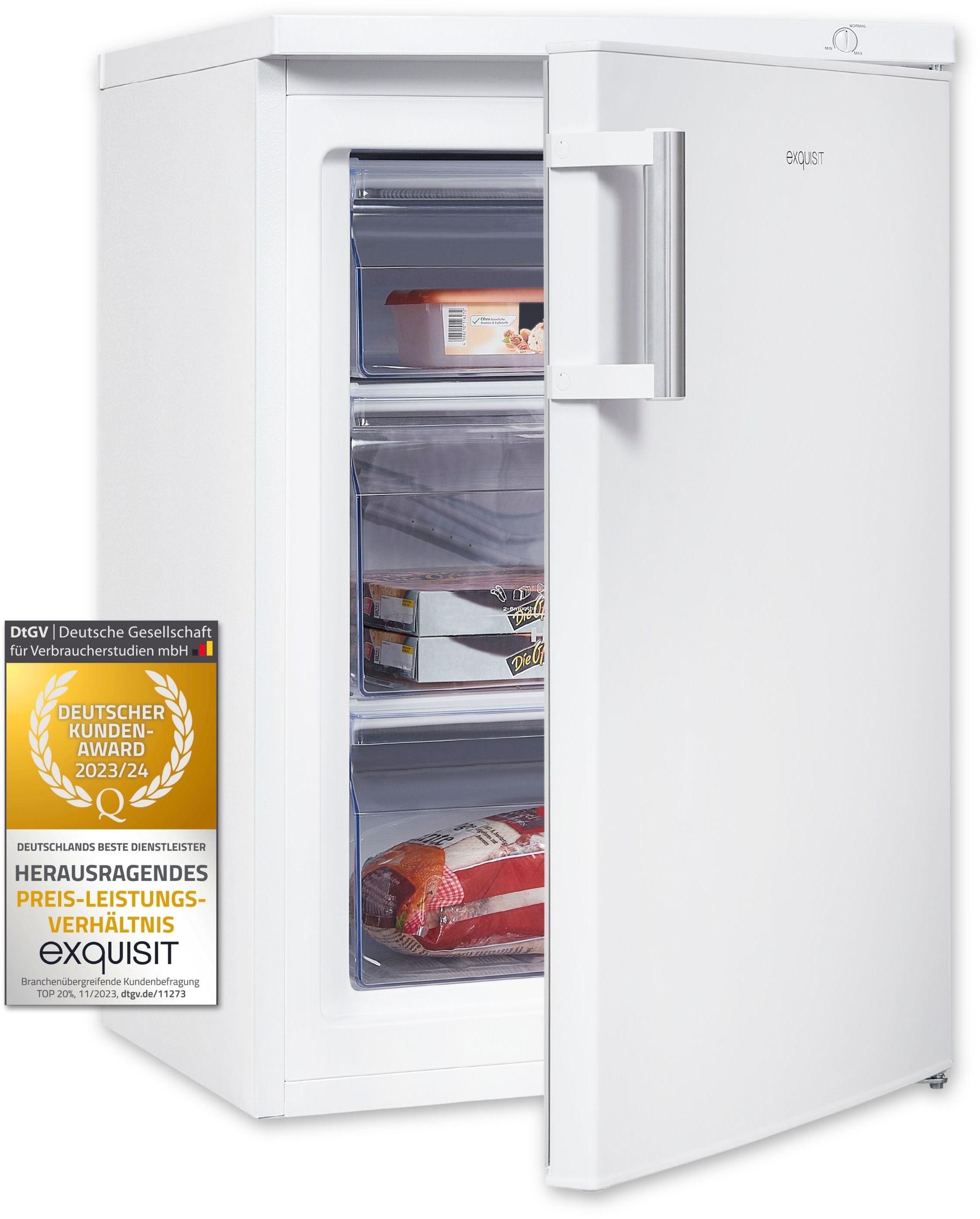 exquisit Gefrierschrank »GS81-H-010D weiss«, 85 cm hoch, 56 cm breit, 85 Liter Nutzinhalt, Flexibler Türanschlag, 4 Sterne Gefrieren