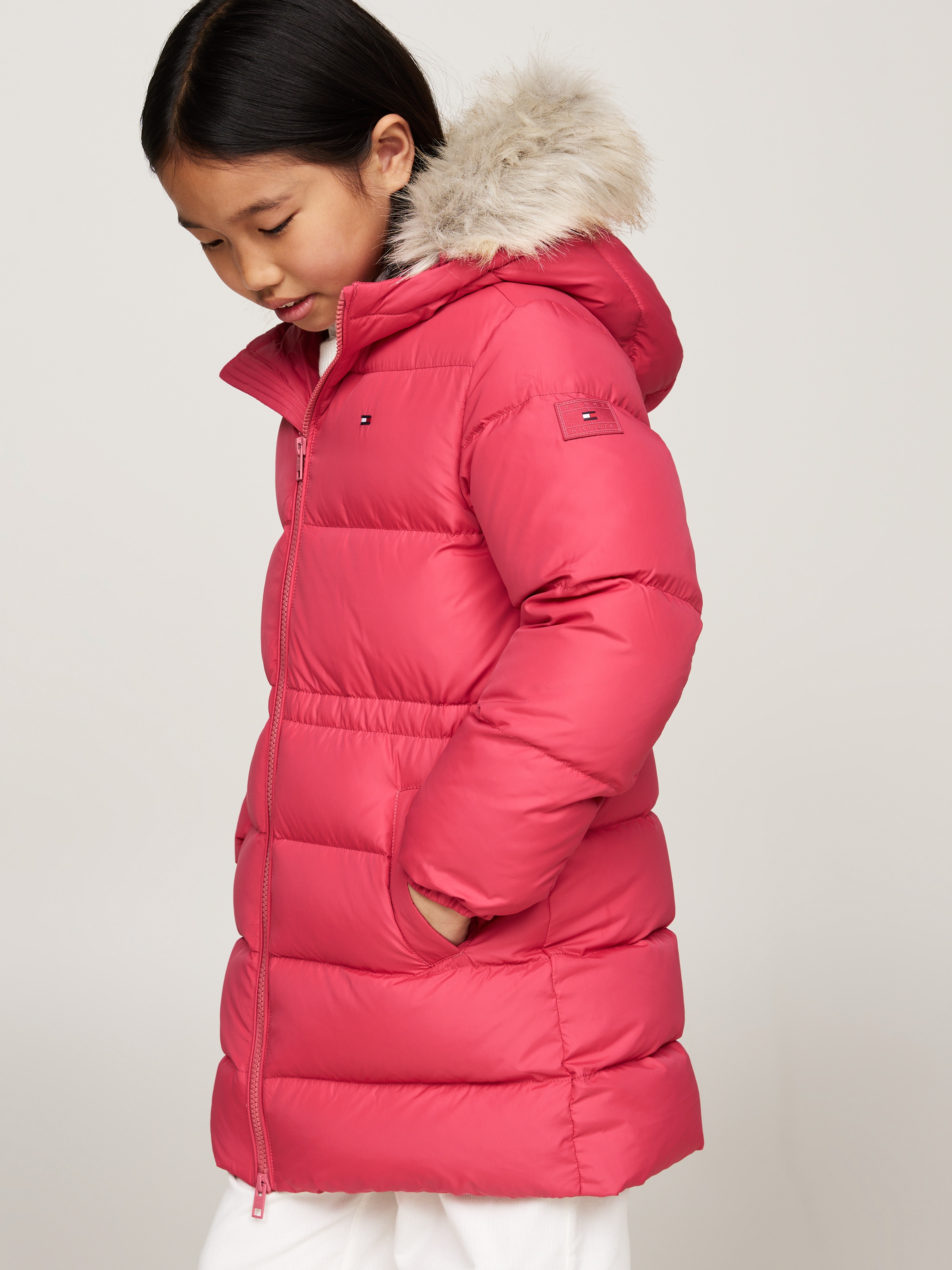 Steppjacke »LONG WAISTED DOWN JACKET«, mit Kapuze, mit Fellimitat