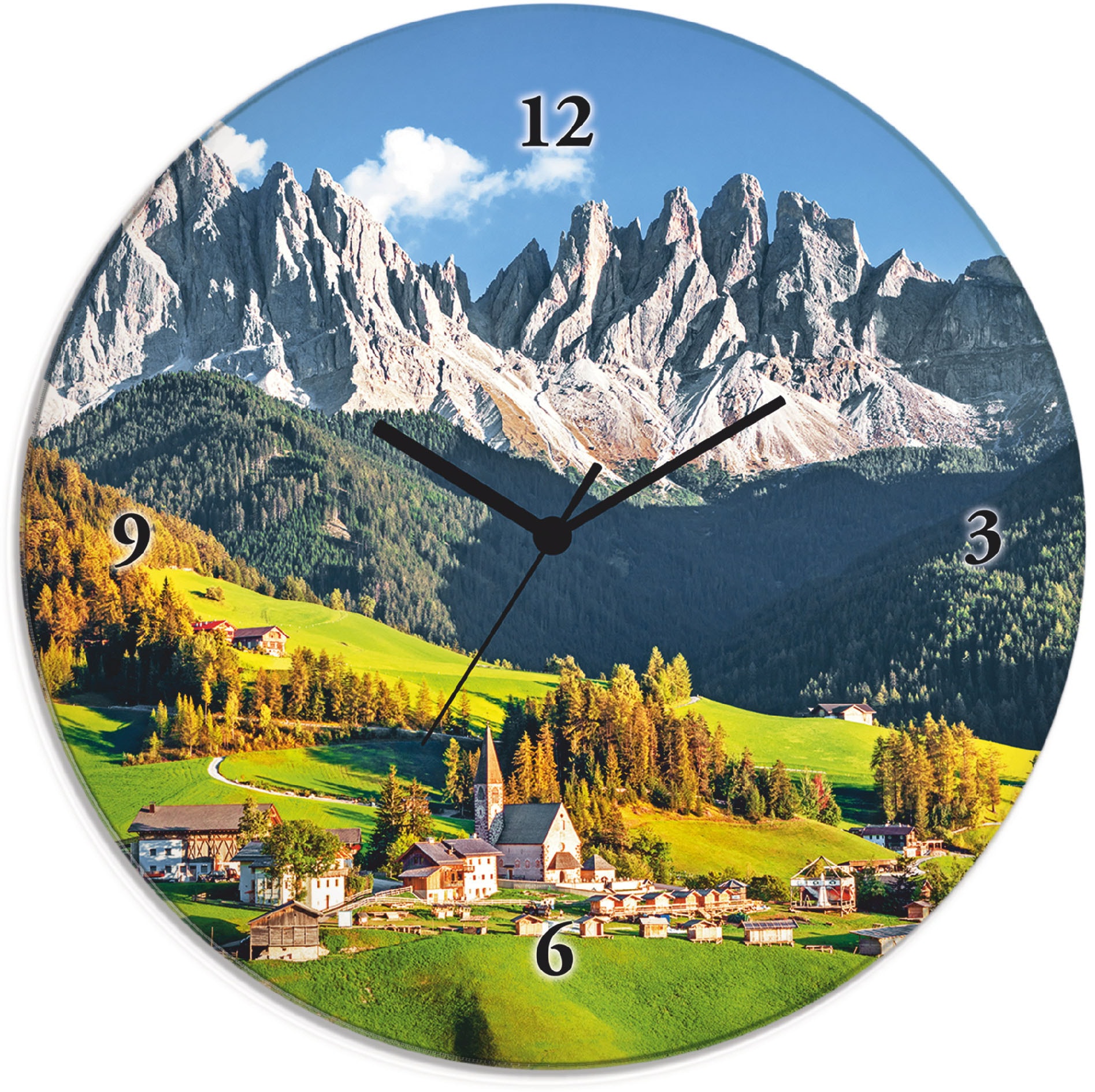 Wanduhr »Glasuhr rund Alpen Berge Santa Maddalena«, wahlweise mit Quarz- oder...