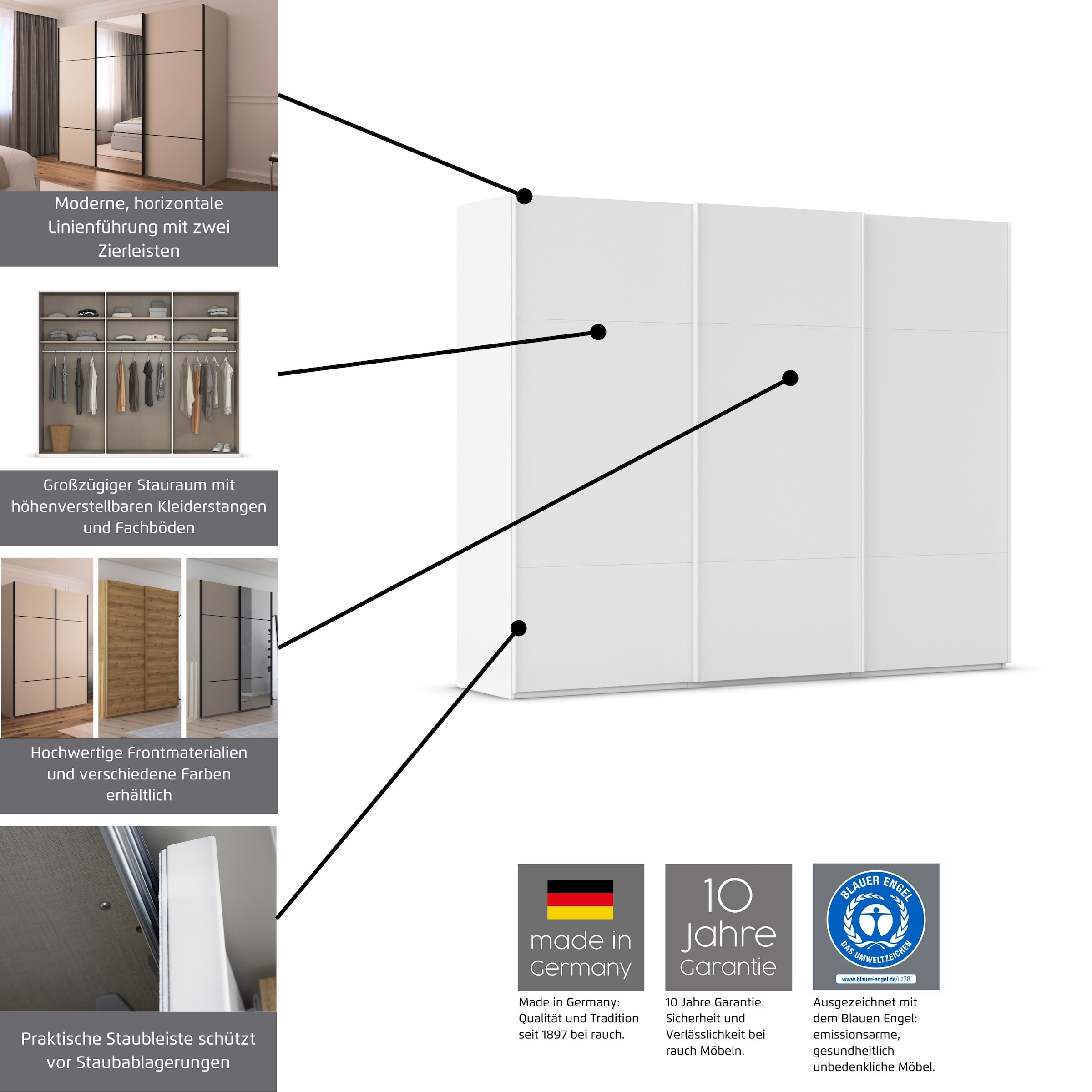 rauch Schwebetürenschrank »Kleiderschrank Schrank Garderobe Schlafzimmerschrank SCALE-TRIO«, edle dreigeteilte Front mit 2 Zierleisten Spiegelfront MADE IN GERMANY