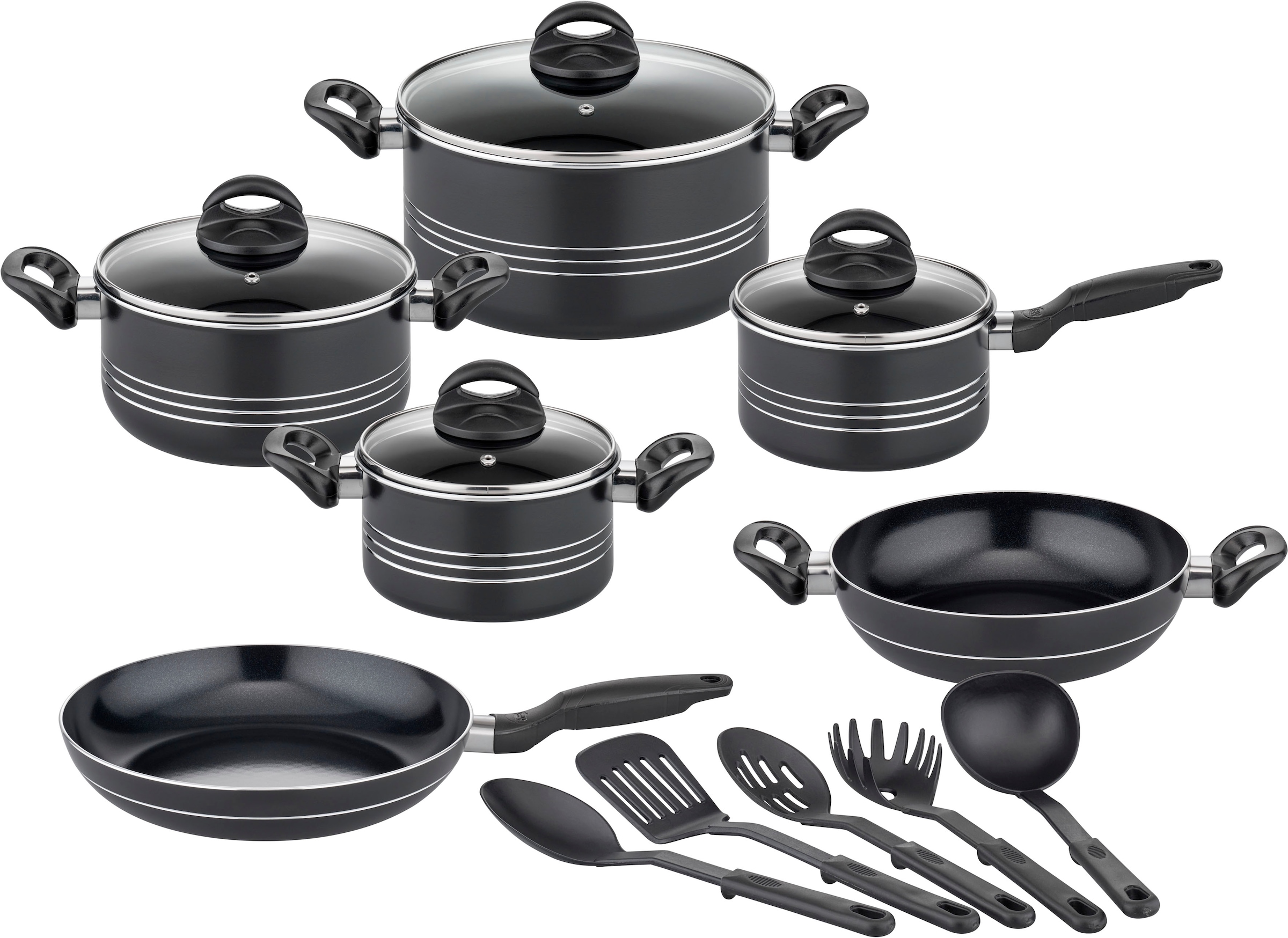 GSW Topf-Set "Milano Nero", Aluminium, (Set, 15 tlg., je 1 Kochtopf 16/20/2 cm, 1 Stielkasserolle 16cm, je 1 Pfanne 24/2