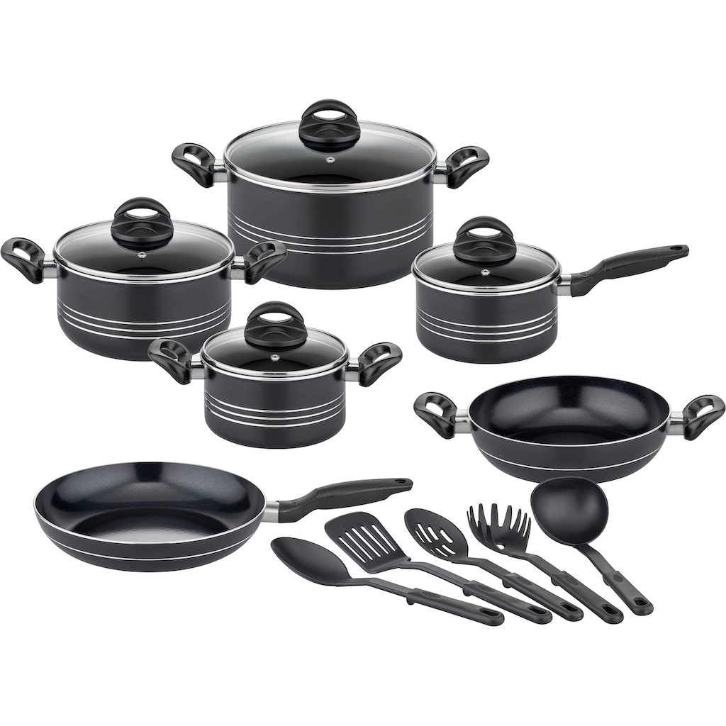 GSW Topf-Set »Milano Nero«, Aluminium, (Set, 15 tlg., je 1 Kochtopf 16/20/2 cm, 1 Stielkasserolle 16cm, je 1 Pfanne 24/28cm), Induktion, inkl. 5-teiliges Küchenhelfer-Set