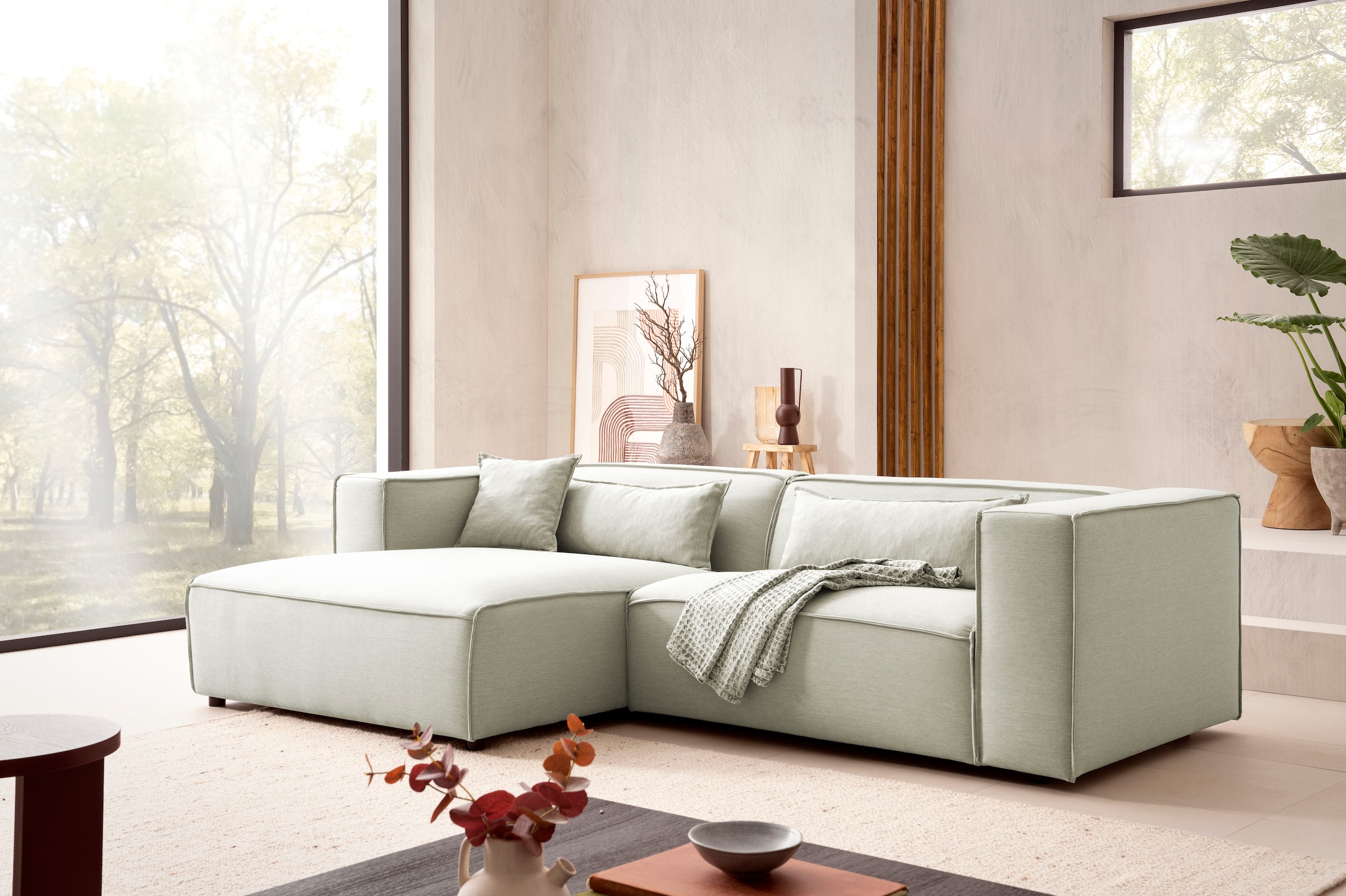 LeGer Home by Lena Gercke Ecksofa "PIARA Struktur u. Leinenoptik mit Kedernaht L-Form" wahlweise Ottomane rechts/links, schwarze Füße, bequemer Sitzkomfort