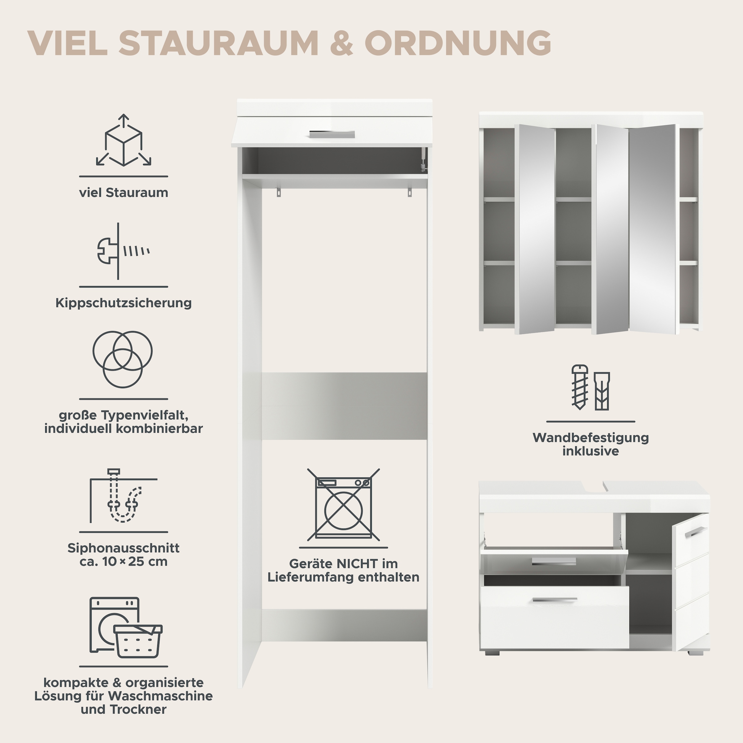 welltime Badmöbel-Set »SIENA, 3-tlg., WBU, Spiegelschrank & Waschmaschinenschrank, MDF-Front«