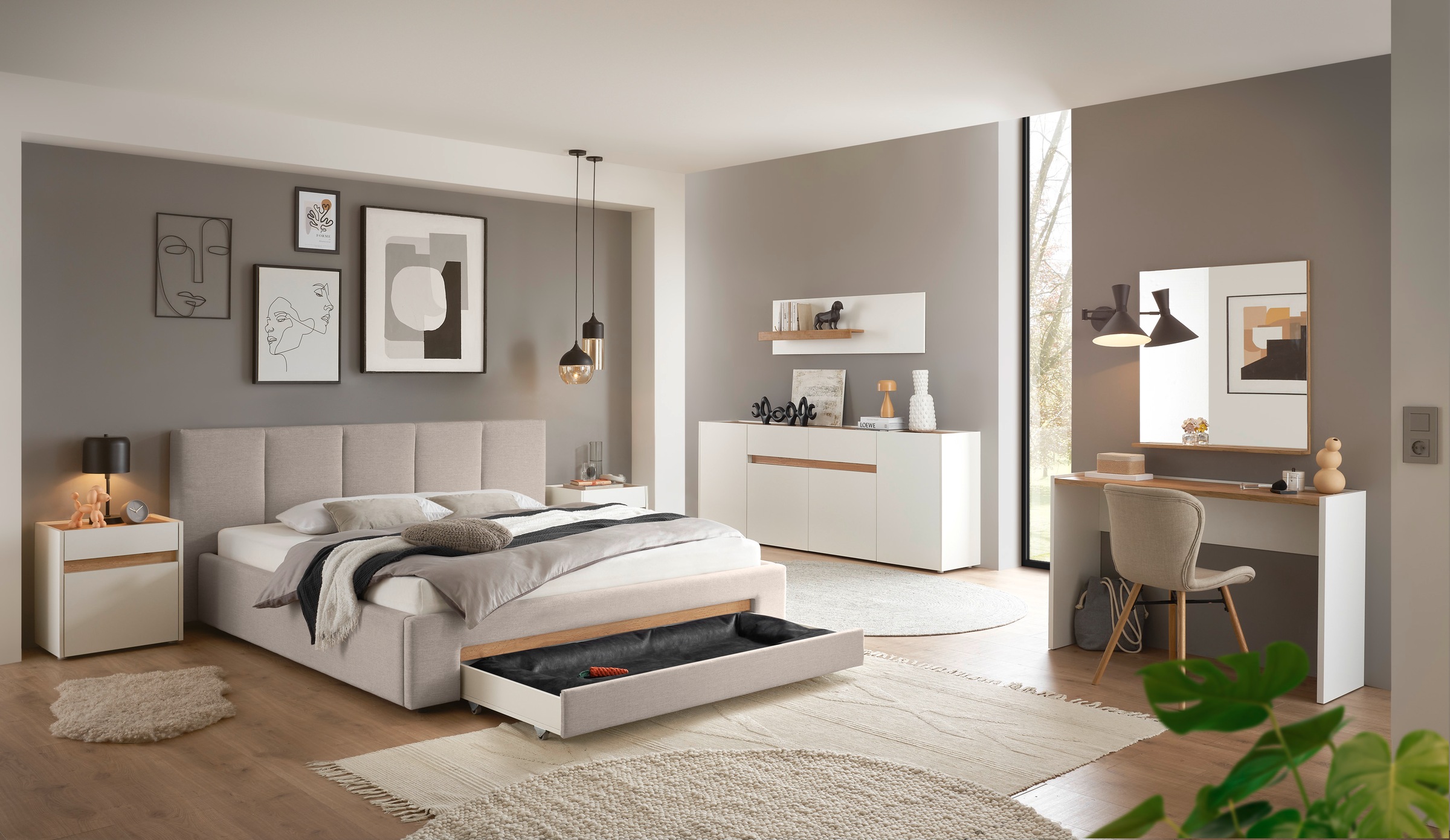 INOSIGN Polsterbett »CiTY/GiRON, Bettgestell mit Bettkasten, gepolstertes Stauraumbett«, mit Hundebett oder Stauraumschublade, Bezug Cord-oder Leinenoptik