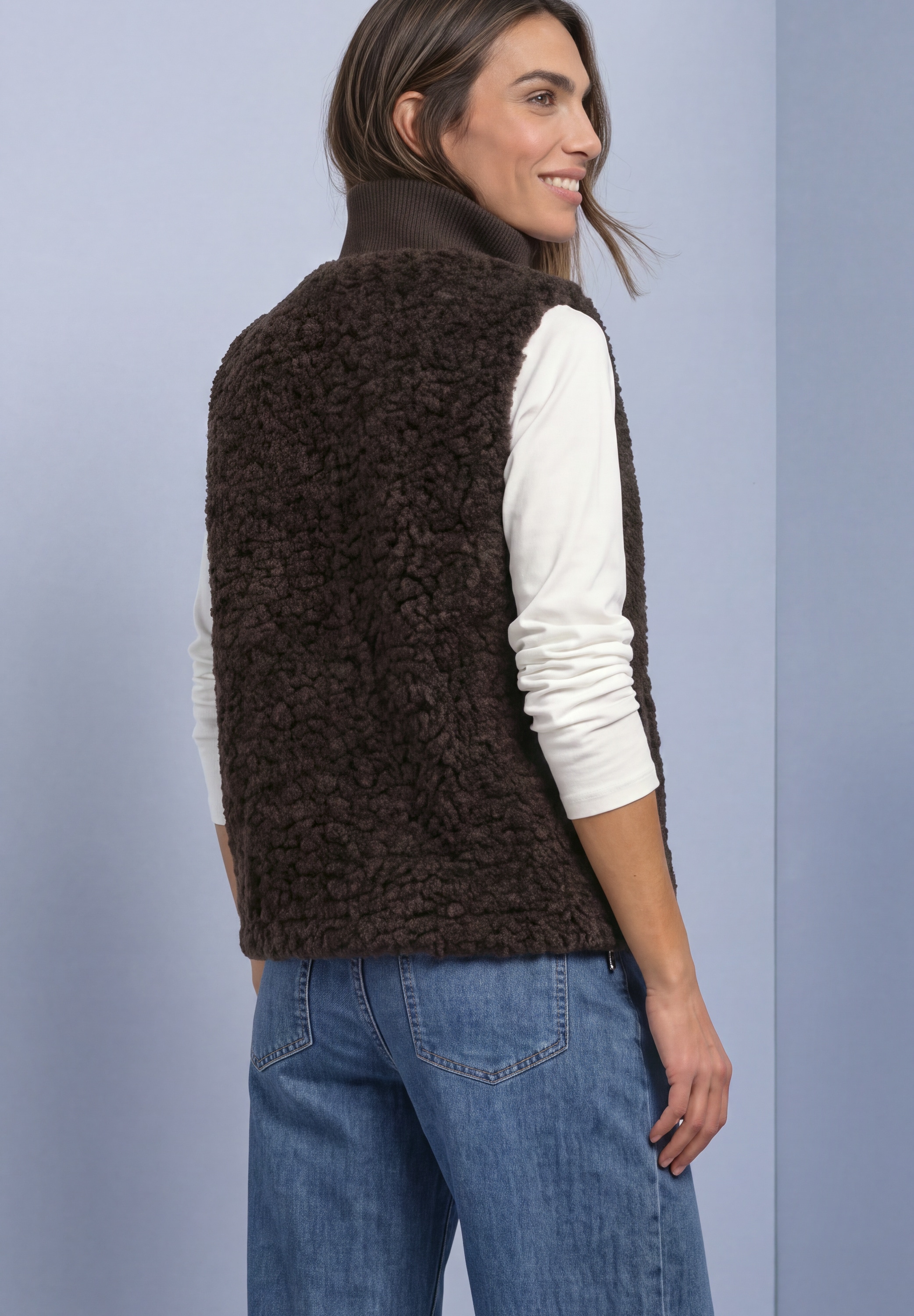 STREET ONE Fellimitatweste Fake Fur Weste mit Strickdetails / Stehkragen