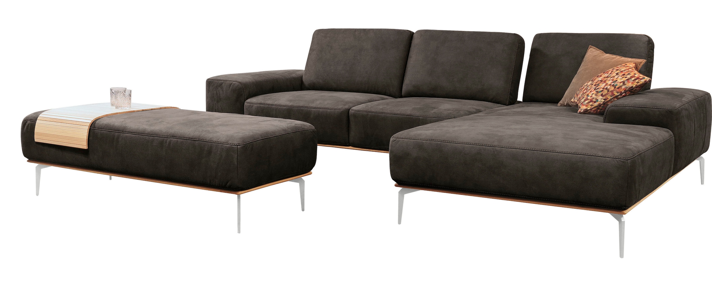 W.SCHILLIG Ecksofa »run, Designsofa mit tollem Sitzkomfort, bequem, L-Form« mit elegantem Holzsockel, Füße in Chrom glänzend, Breite 319 cm