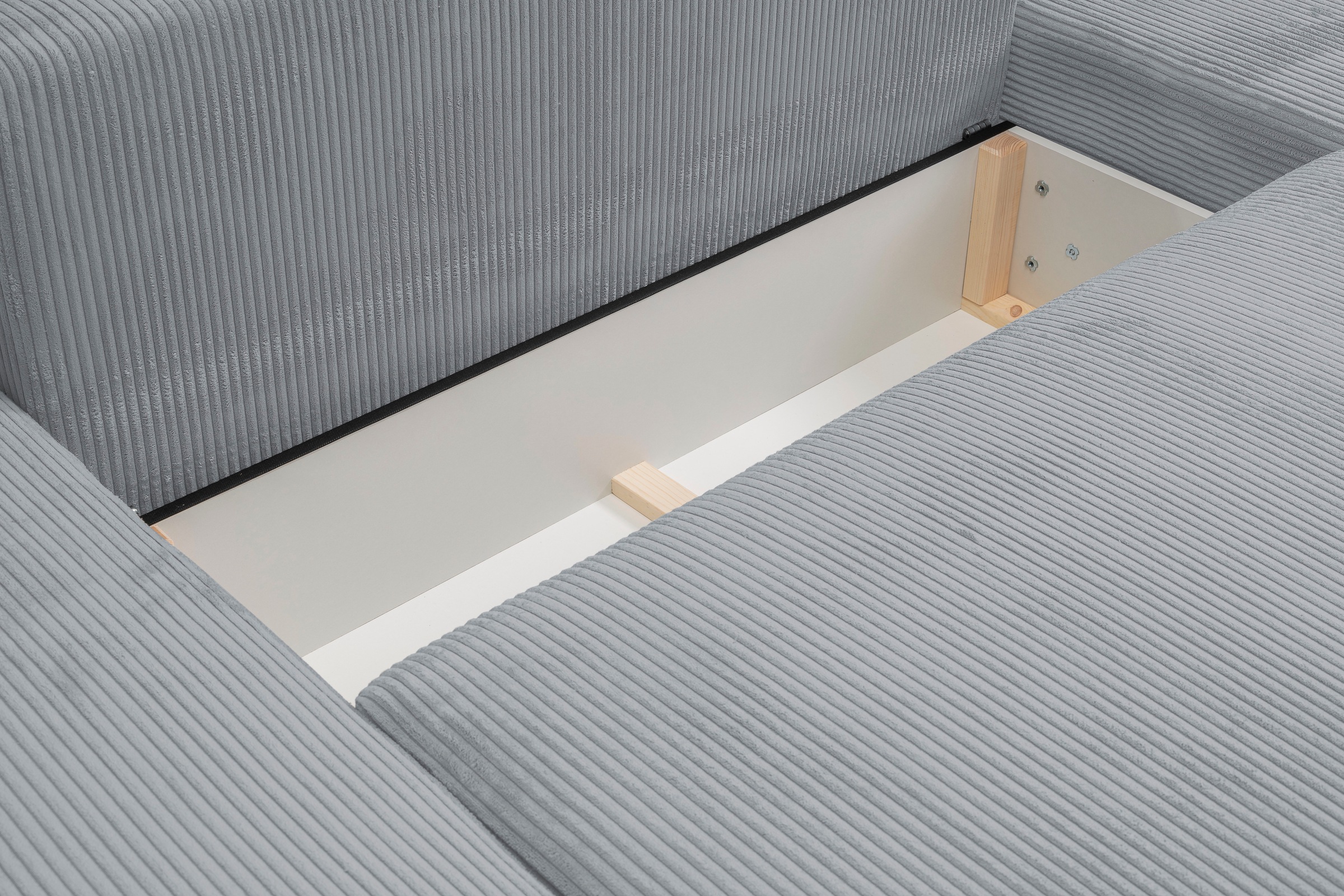 WERK2 Wohnlandschaft »Rotterdam-U, U-Form, in kuschelweichem Cord oder Breitcord«, Design Sofa mit Schlaffunktion & Bettkasten, Cord, Grau