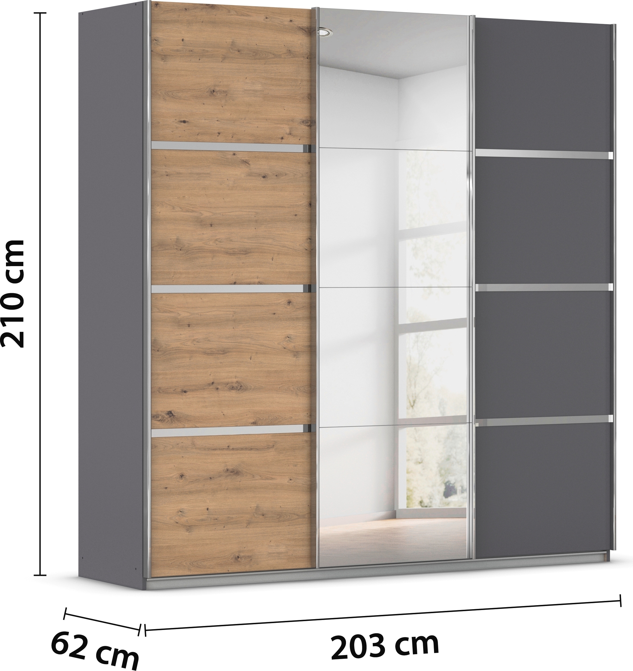 rauch Kleiderschrank »Schwebetürenschrank Garderobe Schrank TOP ANGEBOT Avola«, (in 3 verschiedenen Ausstattungen BASIC/CLASSIC/PREMIUM inkl. Spiegel), mit eleganten Zierleisten in Chrom, Schwarz oder Weiß MADE IN GERMANY