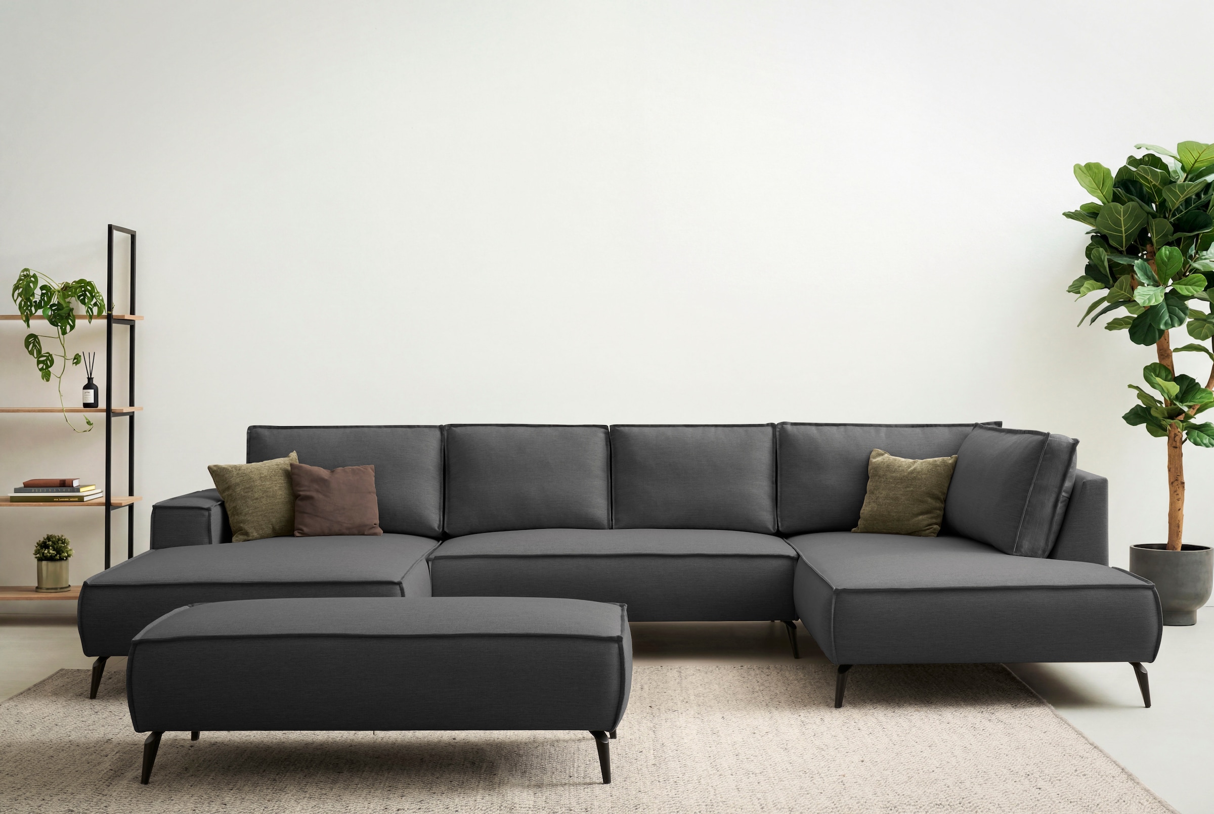 OTTO home Wohnlandschaft "TVINNU Leinenoptik, 354, mit Hocker" Recamiere rechts/links, stellbar zum Schlafsofa (Krokodilverbinder)