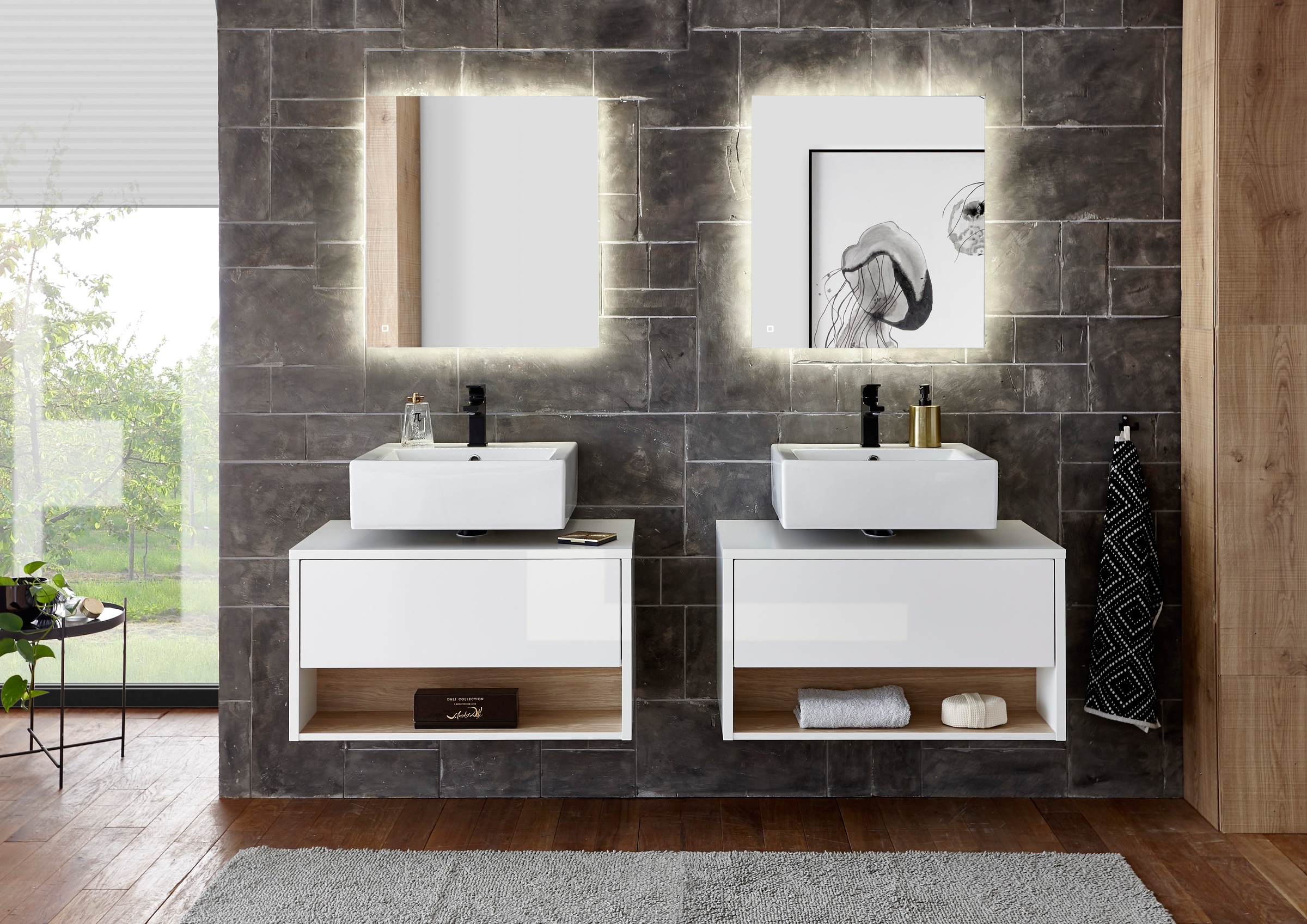 Places of Style Badmöbel-Set »Studio Line, Bad im modernen Design, 6-teiliges Badezimmer«, (6 St.), Schrank, Unterschrank und Spiegel, in zwei Farben verfügbar, Stauraum
