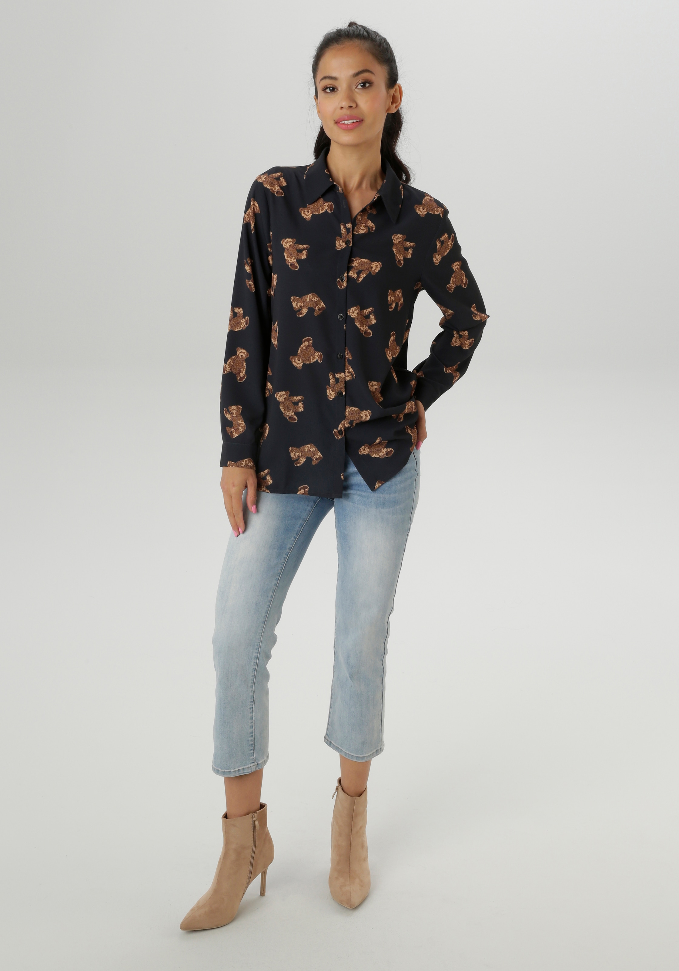 Aniston SELECTED Hemdbluse, mit trendigen Teddybärchen bedruckt - NEUE KOLLEKTION