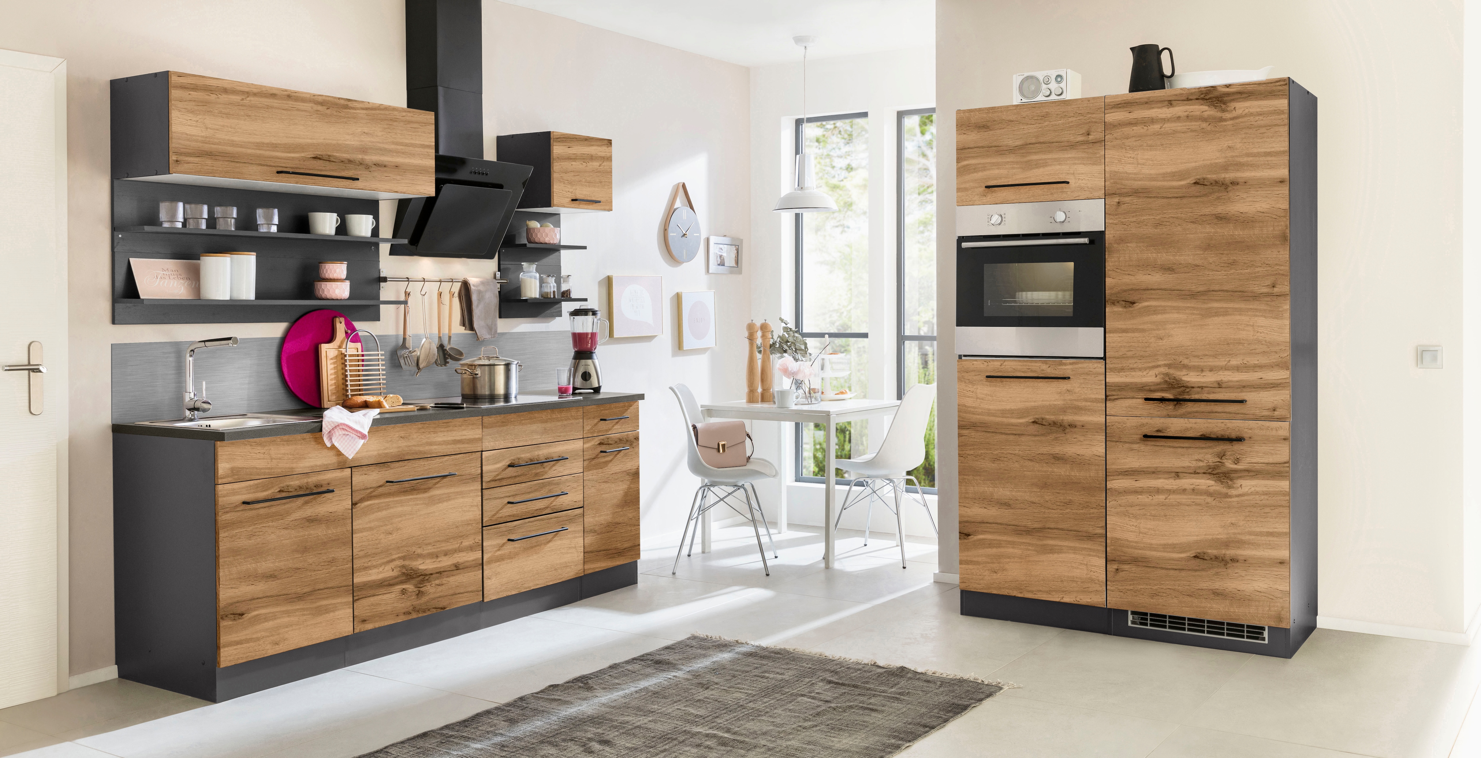 KOCHSTATION "KS-Tulsa" ohne E-Geräte, Breite 330 cm, schwarze Metallgriffe, MDF Fronten