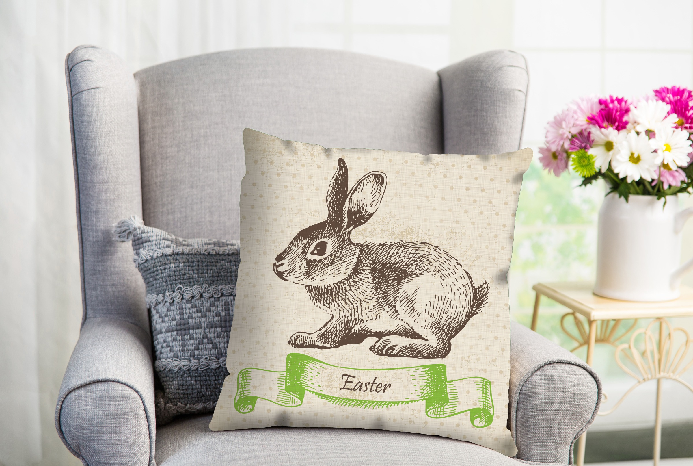 Dekokissen QUEENCE "Bazo", grün (grün, bedruckt), B:40cm L:40cm, Polyester, Dekokissen_Sitzkissen_Kissenhüllen, süßer Hase