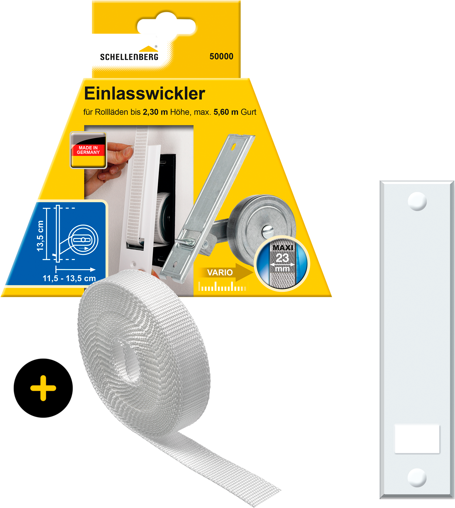 SCHELLENBERG Einlass-Gurtwickler "Unterputz, inkl. Abdeckplatte weiß und Rollladengurt in grau oder weiß" Set, 1 Stk. tlg. 13,5 cm Lochabstand für das Rollladensystem Maxi
