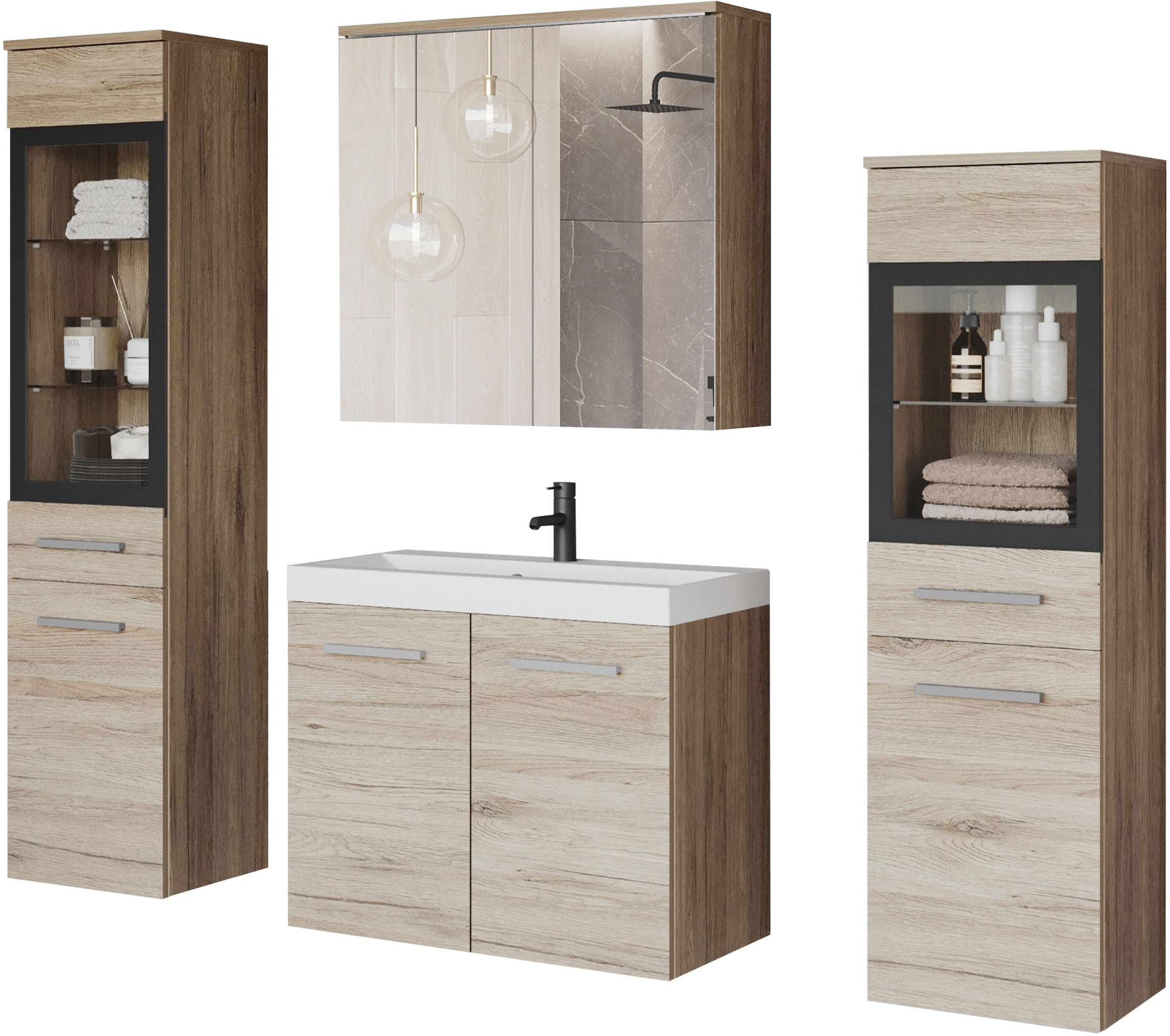 welltime Badmöbel-Set "MADRIT II, Schrank mit Waschbecken, 2 Hänger, Spiegelschrank" Komplett-Set, 5 Stk. tlg.