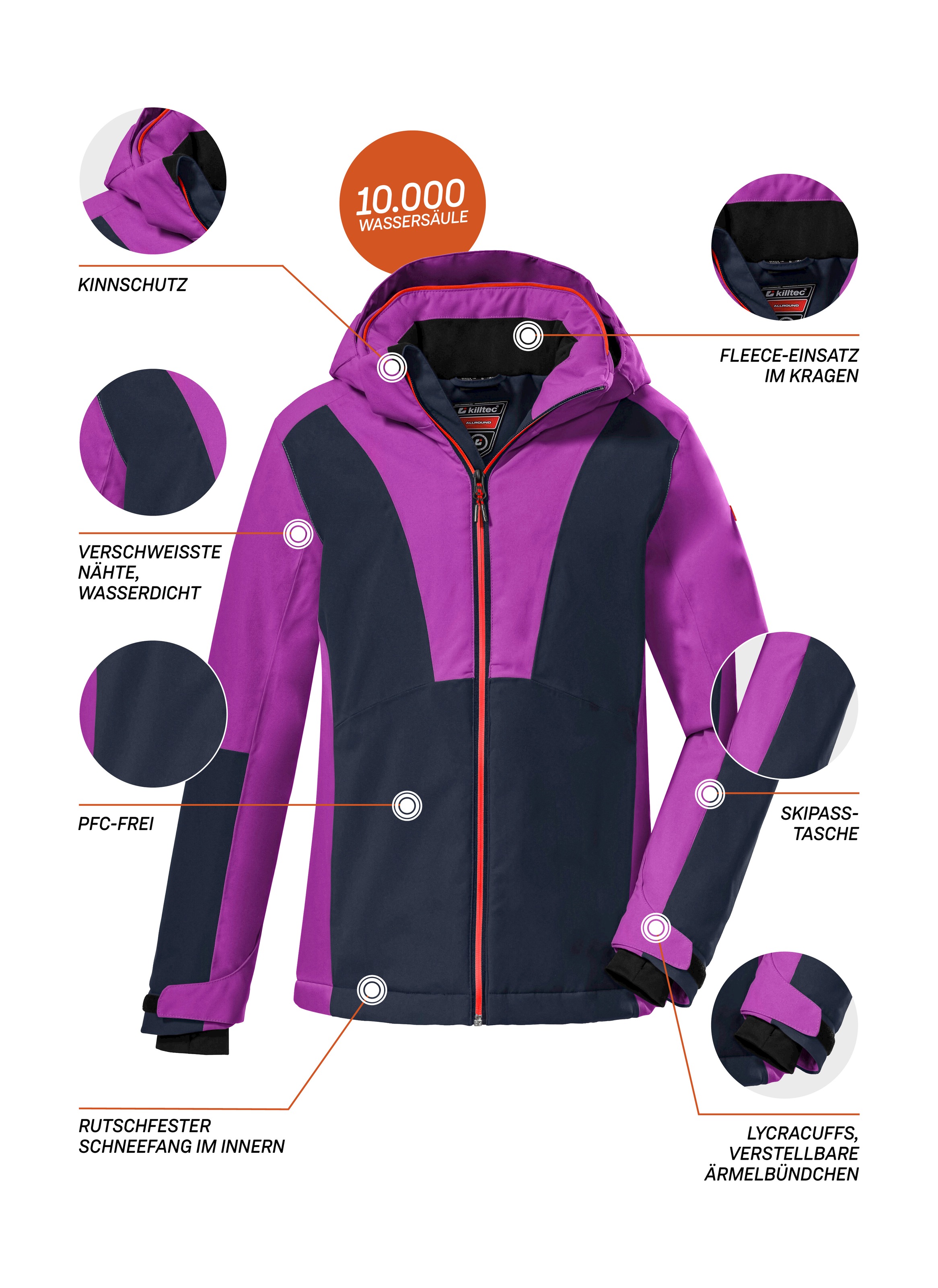 Killtec Skijacke »KSW 155 GRLS SKI JCKT«, Wasserdichte, atmungsaktive Funktionsjacke mit verstellbarer Kapuze