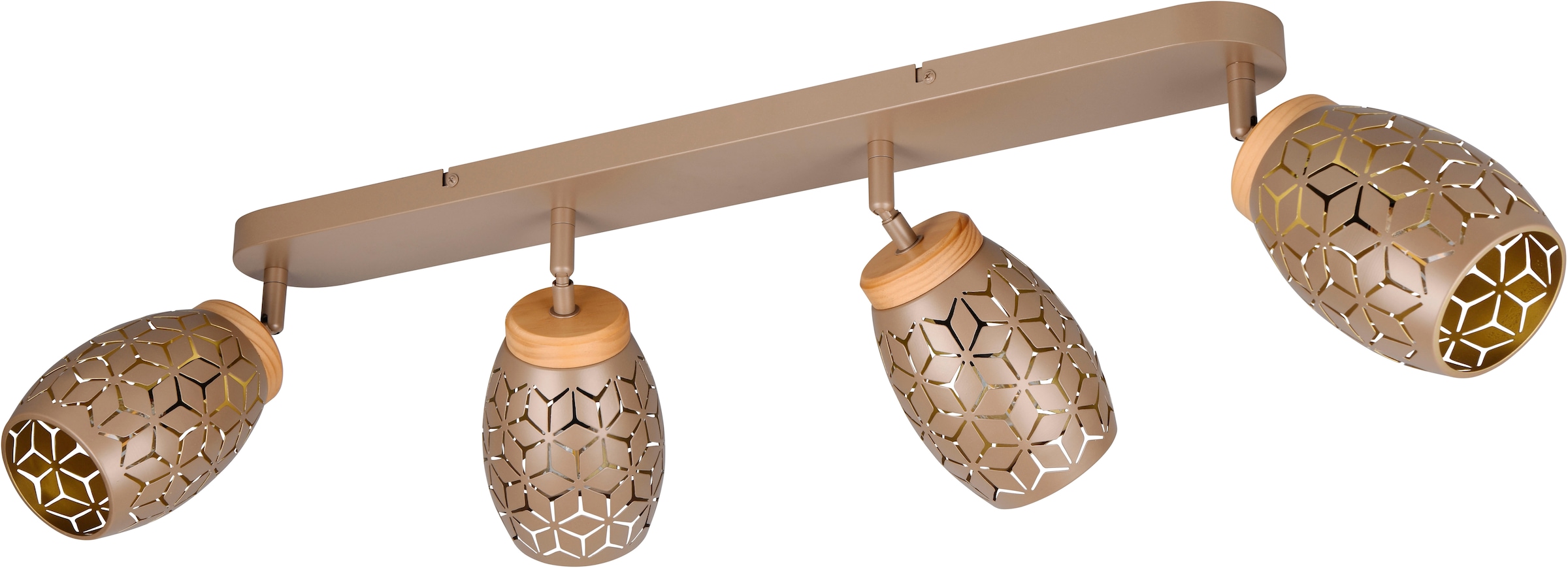 REALITY Leuchten Deckenstrahler »BIDAR 4-flammig, exkl 4x E14 max 10W, Deckenlampe Spots verstellbar«, 4 flammig, Leuchtmittel E14 | Leuchtmittel wechselbar, Metall-Lampenschirm mit Lasercut Muster und Holz-Dekoelementen
