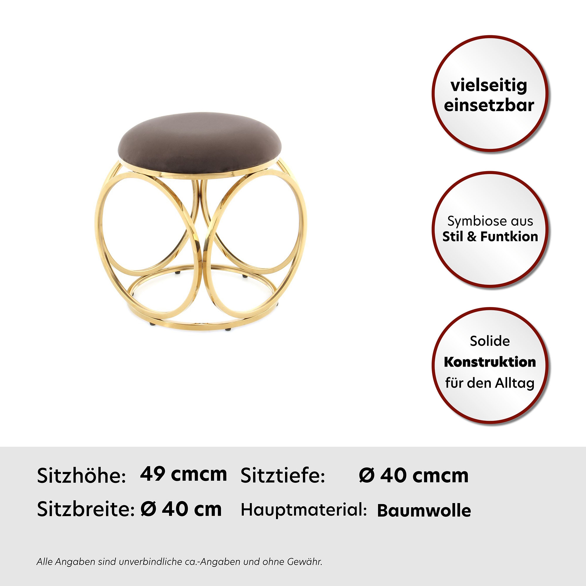 Kayoom Sitzhocker »Hocker Whitney 325,Hocker mit offenem Design, Gestell aus Metall«, (1 St.), glamourös, hochwertig, pflegeleicht, rundes Sitzkissen