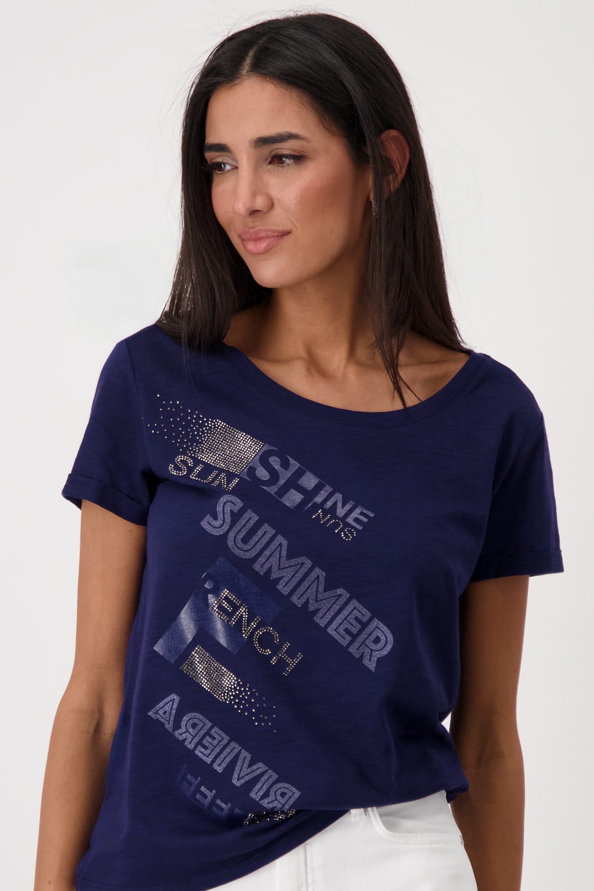 Monari T-Shirt »Shirt Basic Schmuckschrift«, Mit Rundhalsausschnitt