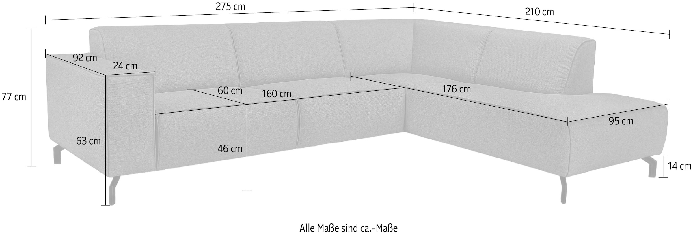 Places of Style Ecksofa »Lorcan, Breite 275 cm, weiches Sitzgefühl«, mit schwarzen Metallfüßen, Lederoptik und in weichem Strukturstoff