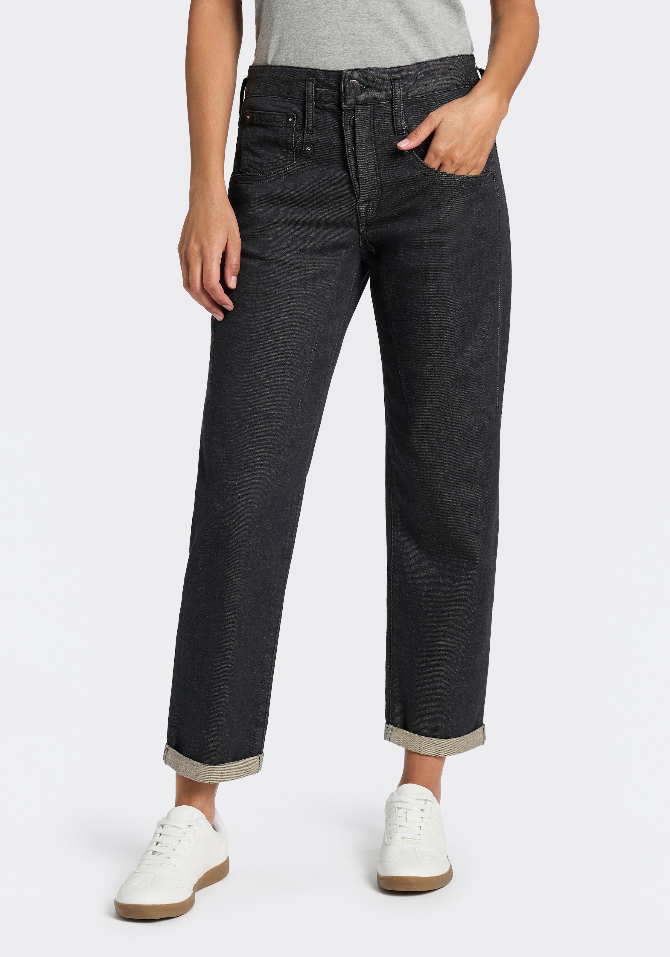 Herrlicher Boyfriend-Jeans "Shyra Tap Denim Grey Light Stretch" High Waist mit Umschlagsaum