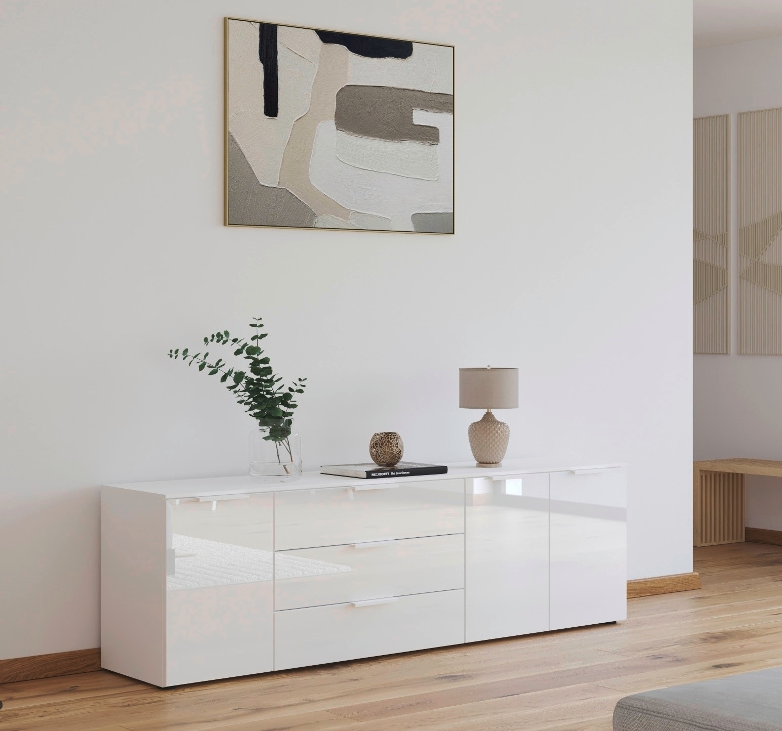 rauch Kombikommode »Kommode Türkommode Sideboard Kombikommode FLIPP mit Glasfront«, (Breite 200 cm mit 2 Einlegeböden), 3-türig mit 3 Schubladen und Soft-Close-Funktion sowie Glasfront