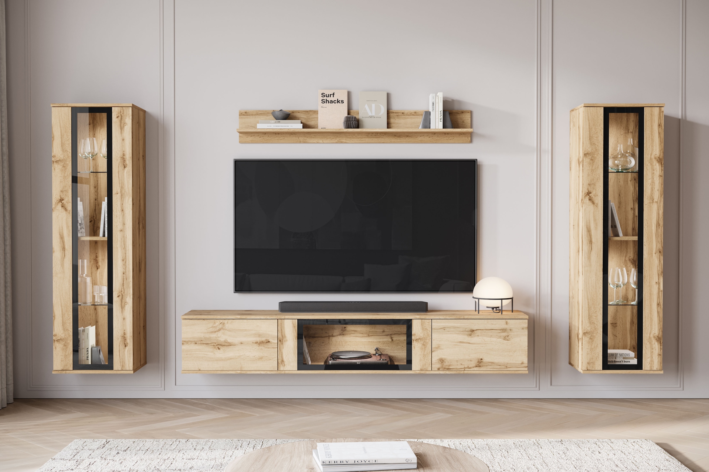 INOSIGN Wohnwand »Caro, stehend und hängend montierbar«, (Komplett-Set, 4 St., Vitrine Türanschlag links/rechts wechselbar), grifflose Design, höhenverstellbare Einlegeböden
