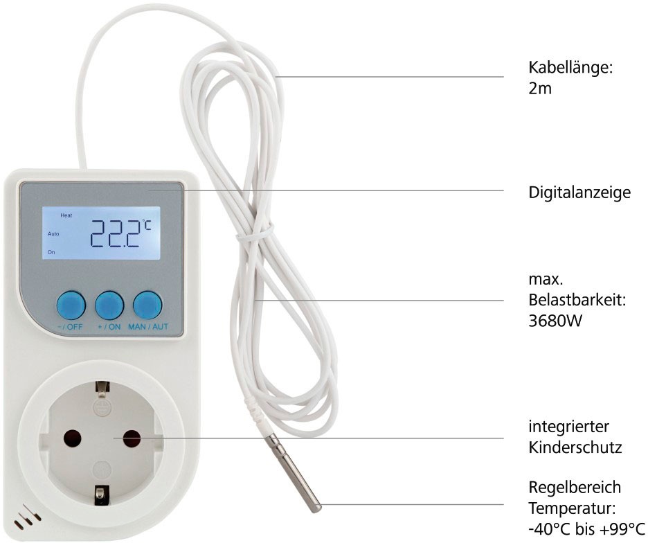 Xavax Raumthermostat »Steckdosen-Thermostat«, für Infrarotheizung, Klimagerät, Steckerthermostat mit Fühler